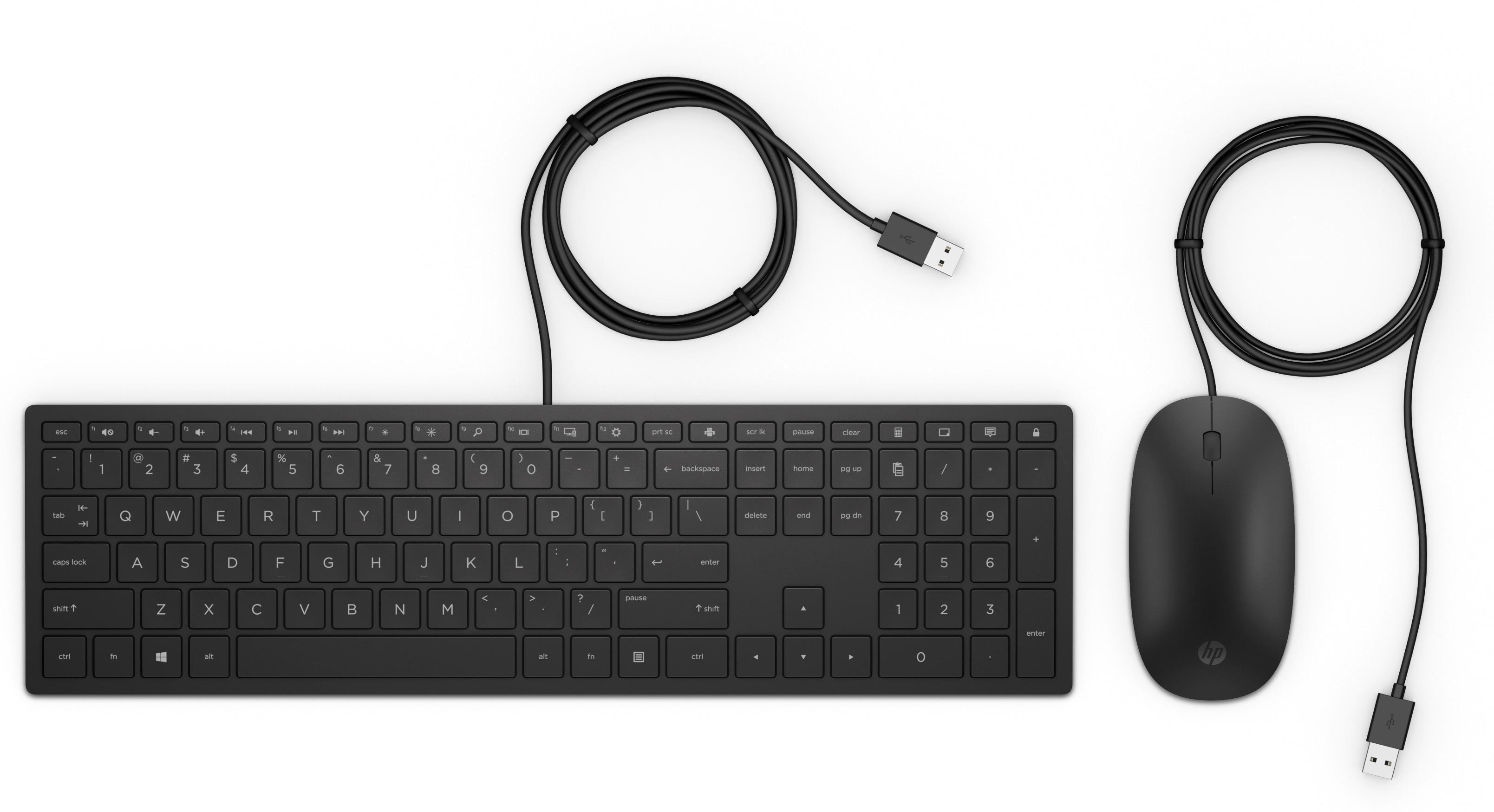 Schwarze Tastatur und Maus mit USB-Kabeln auf weißem Hintergrund.