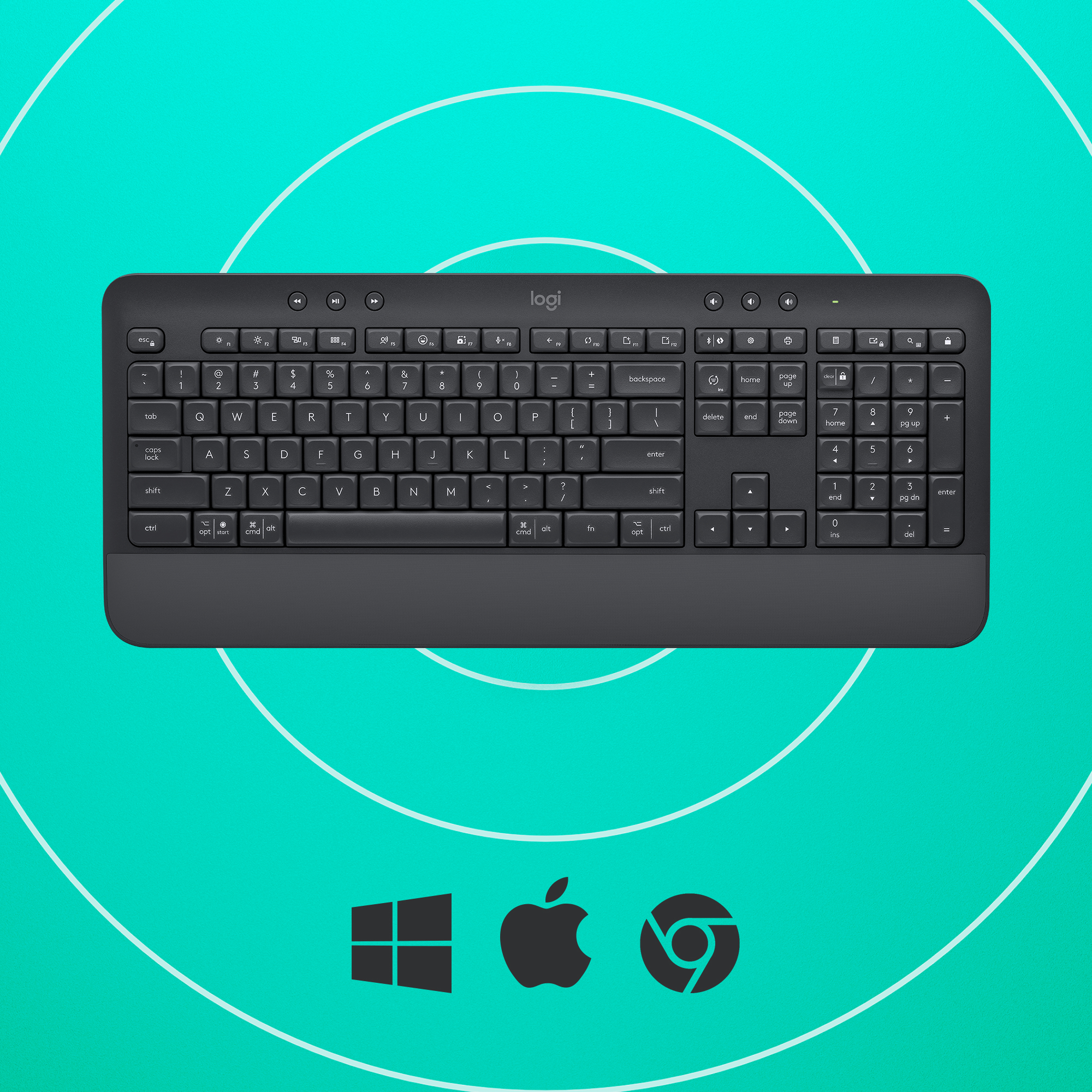 Czarna klawiatura z szarą podstawą. Klawiatura na powierzchni, logo Windows, Apple i Chrome.