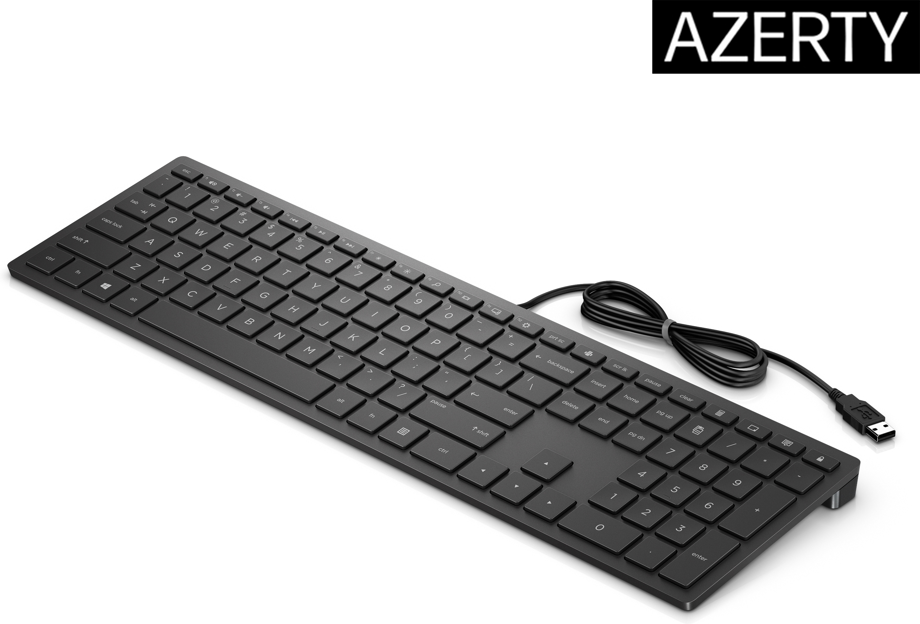 Czarna klawiatura AZERTY z białymi literami. Kabel USB podłączony po prawej stronie.