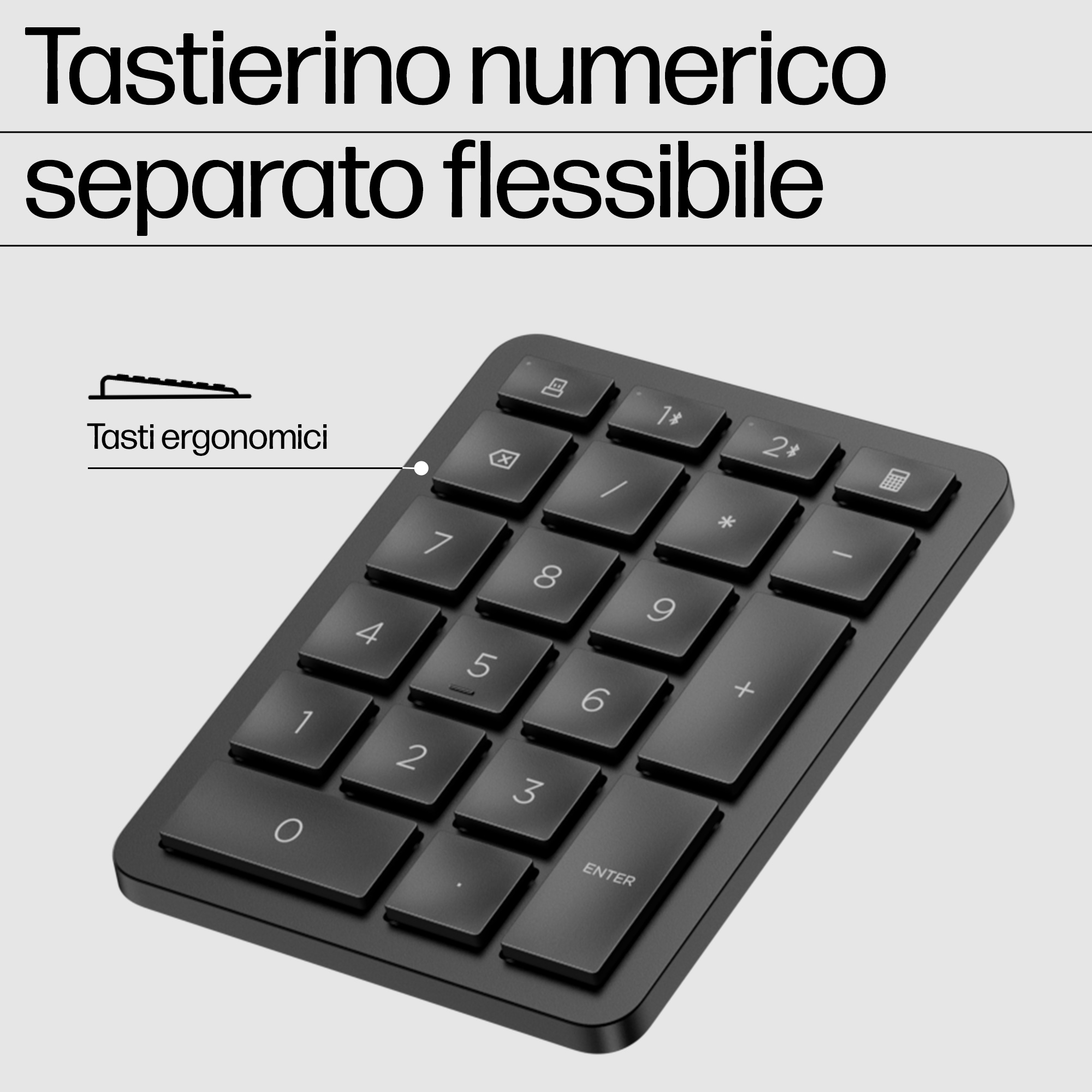 Un tastierino numerico nero con tasti ergonomici. Il testo recita: 'Tastierino numerico separato flessibile'.