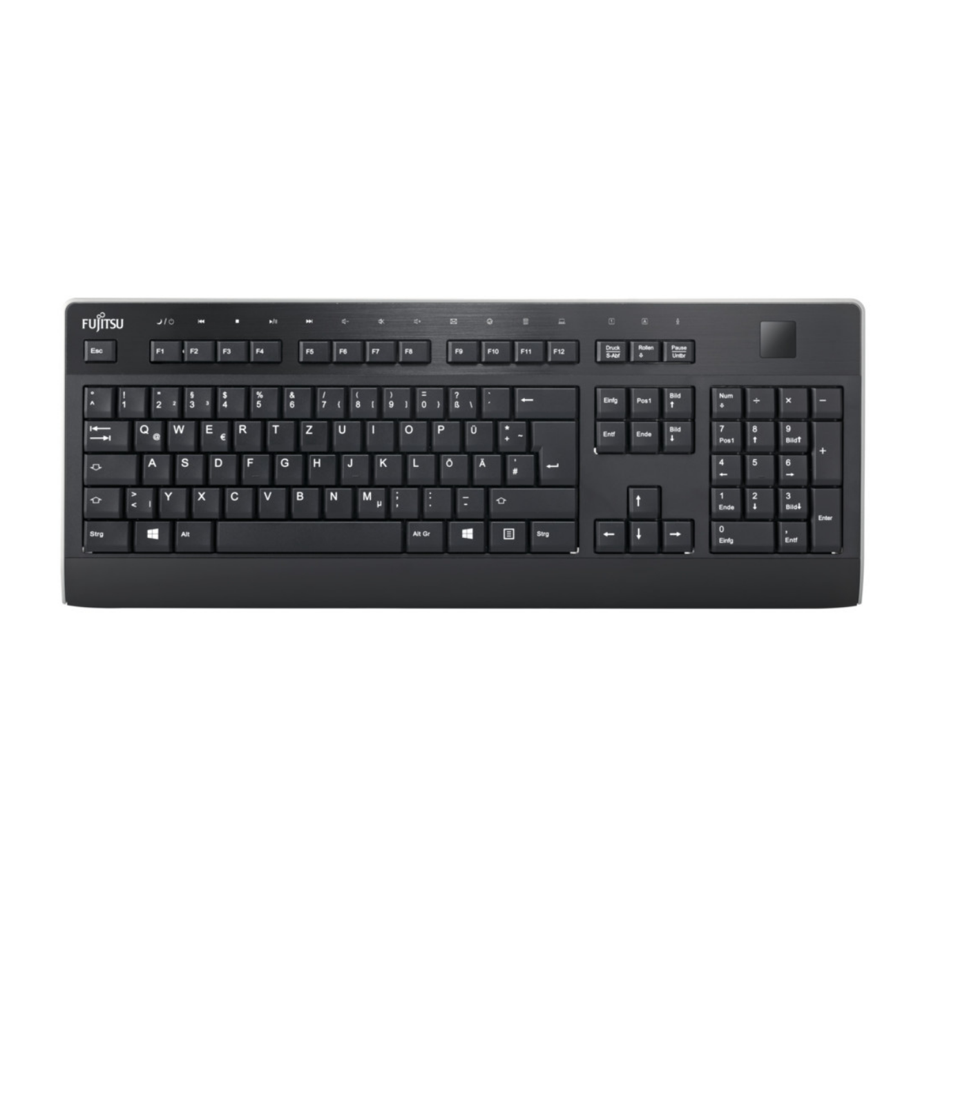 Teclado negro con letras blancas. Teclado completo con teclado numérico y teclas de función. Logo Fujitsu visible.