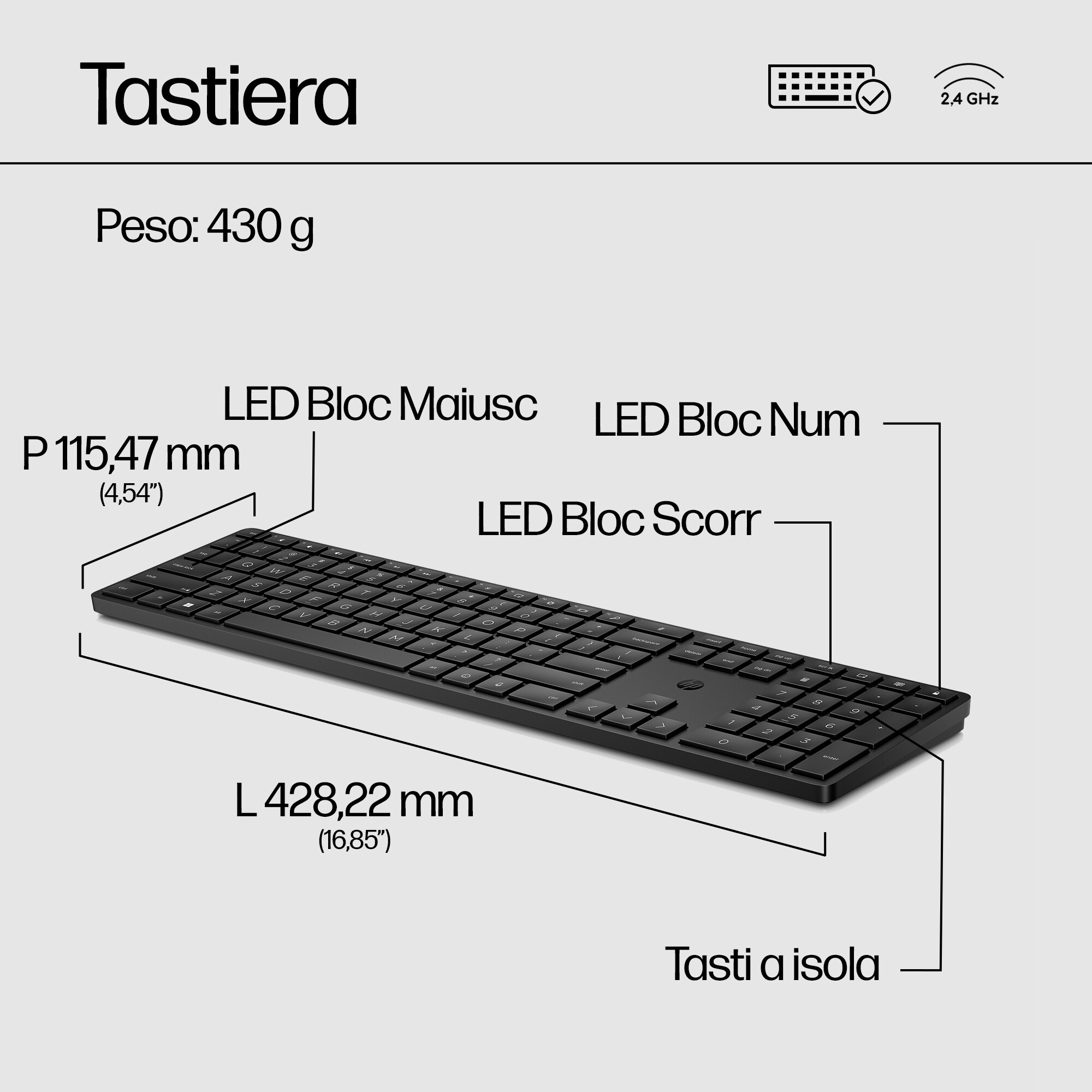 Tastiera nera con etichette e dimensioni. L 428,22 mm, P 115,47 mm. Testo 'Tastiera' ed etichette.