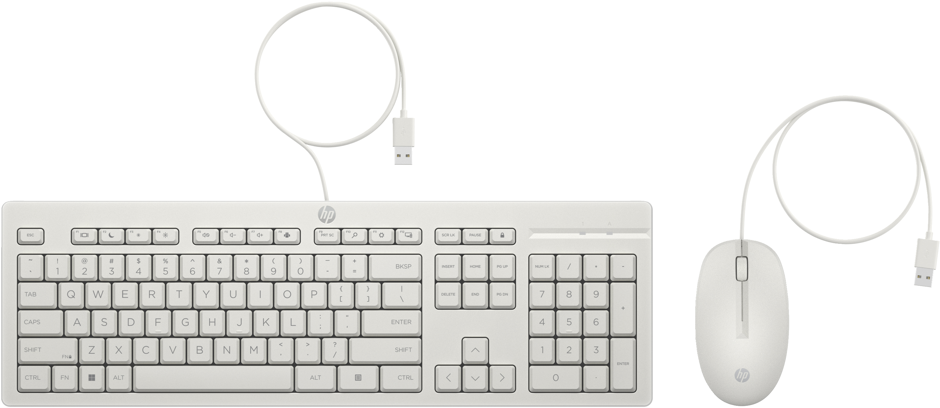 Set tastiera e mouse HP bianchi con cavi USB. Sfondo bianco.