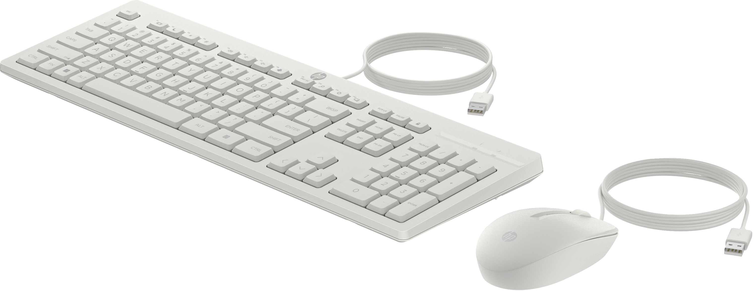 Combo tastiera e mouse bianchi, con cavo USB collegato a entrambi i dispositivi.
