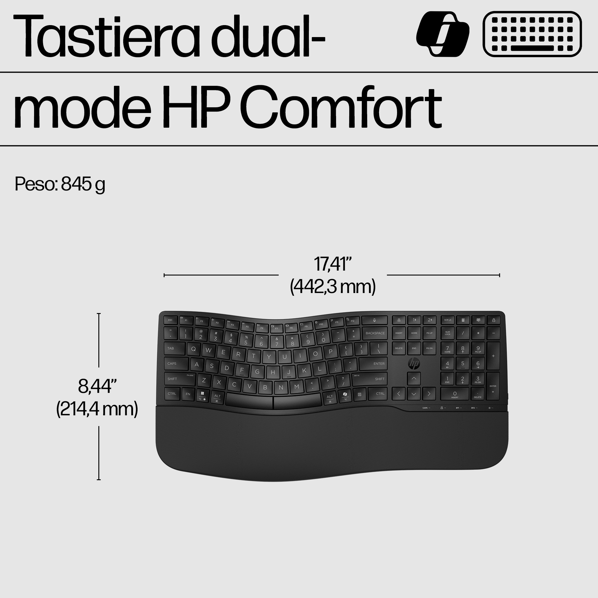 Tastiera HP Comfort dual-mode nera, con dimensioni e informazioni sul peso.