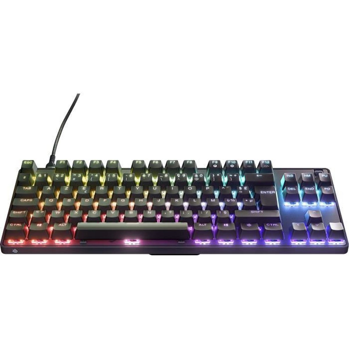Tastiera gaming nera con tasti illuminati arcobaleno, su sfondo nero.