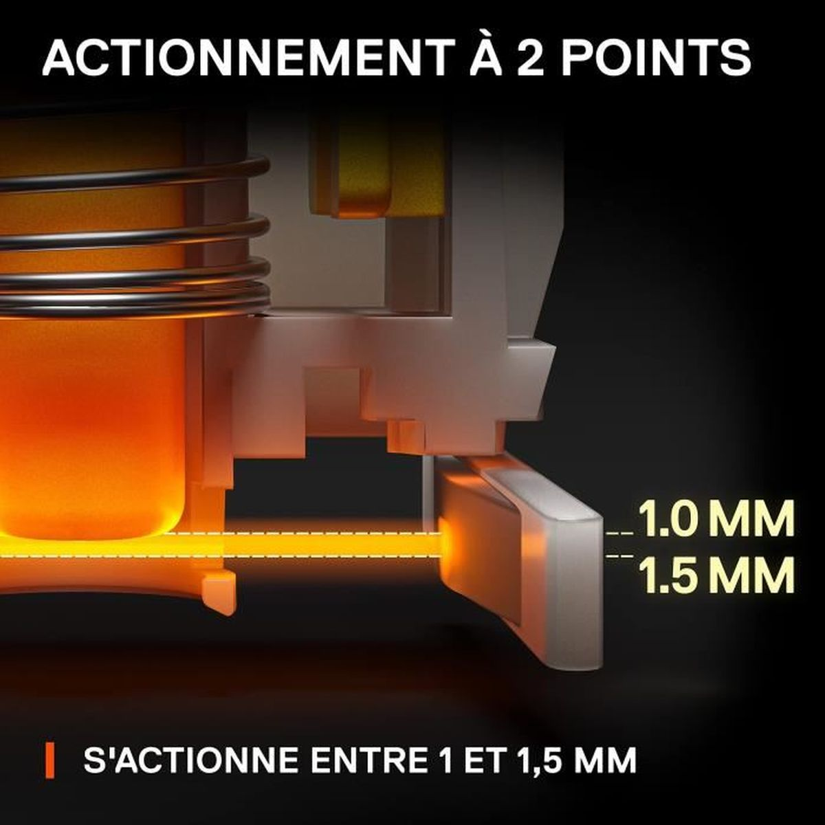 Primo piano dell'interruttore della tastiera. Testo: Agisce tra 1 e 1,5 mm.