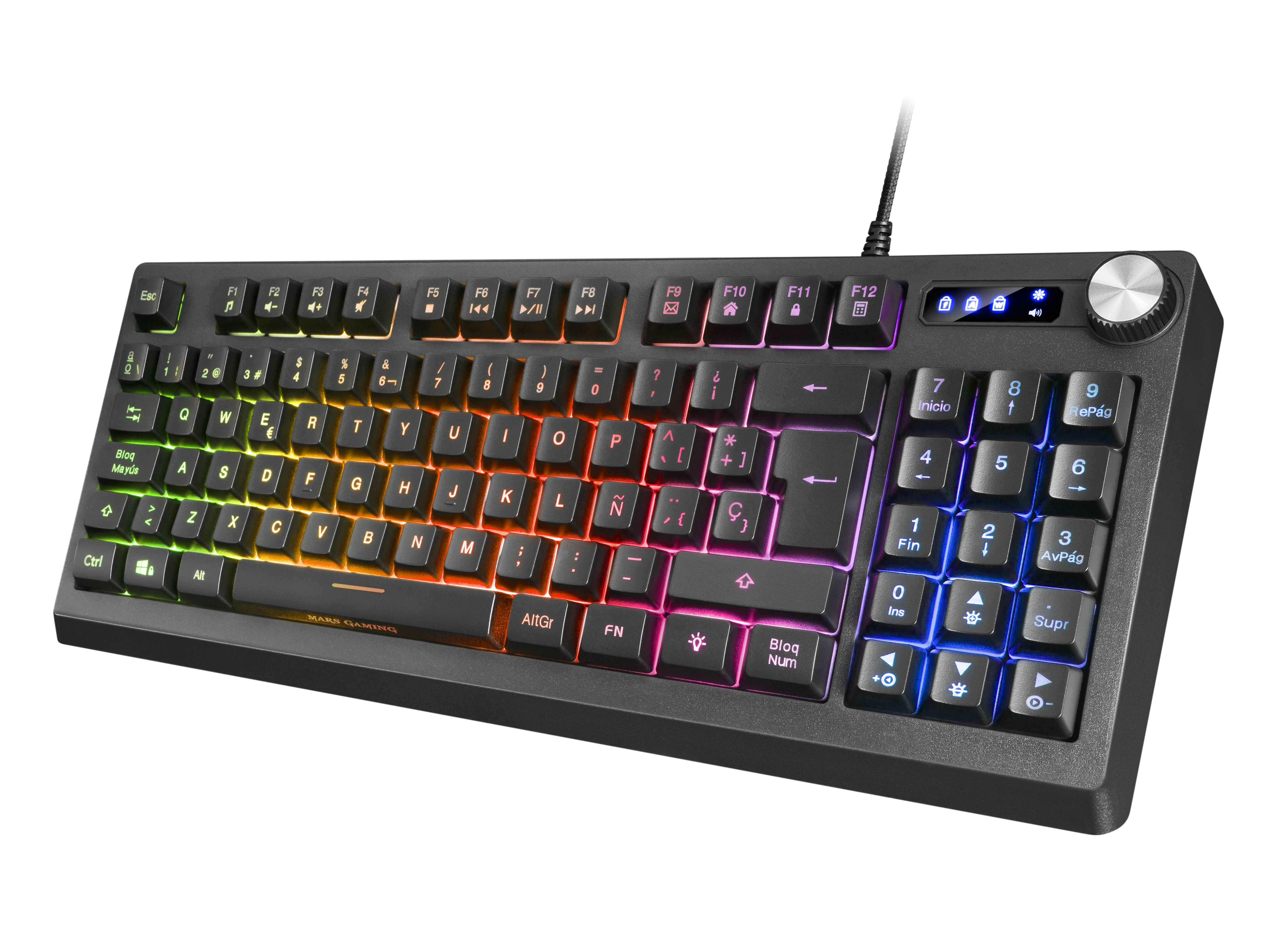 Una tastiera da gioco con tasti arcobaleno e una manopola nell'angolo in alto a destra.