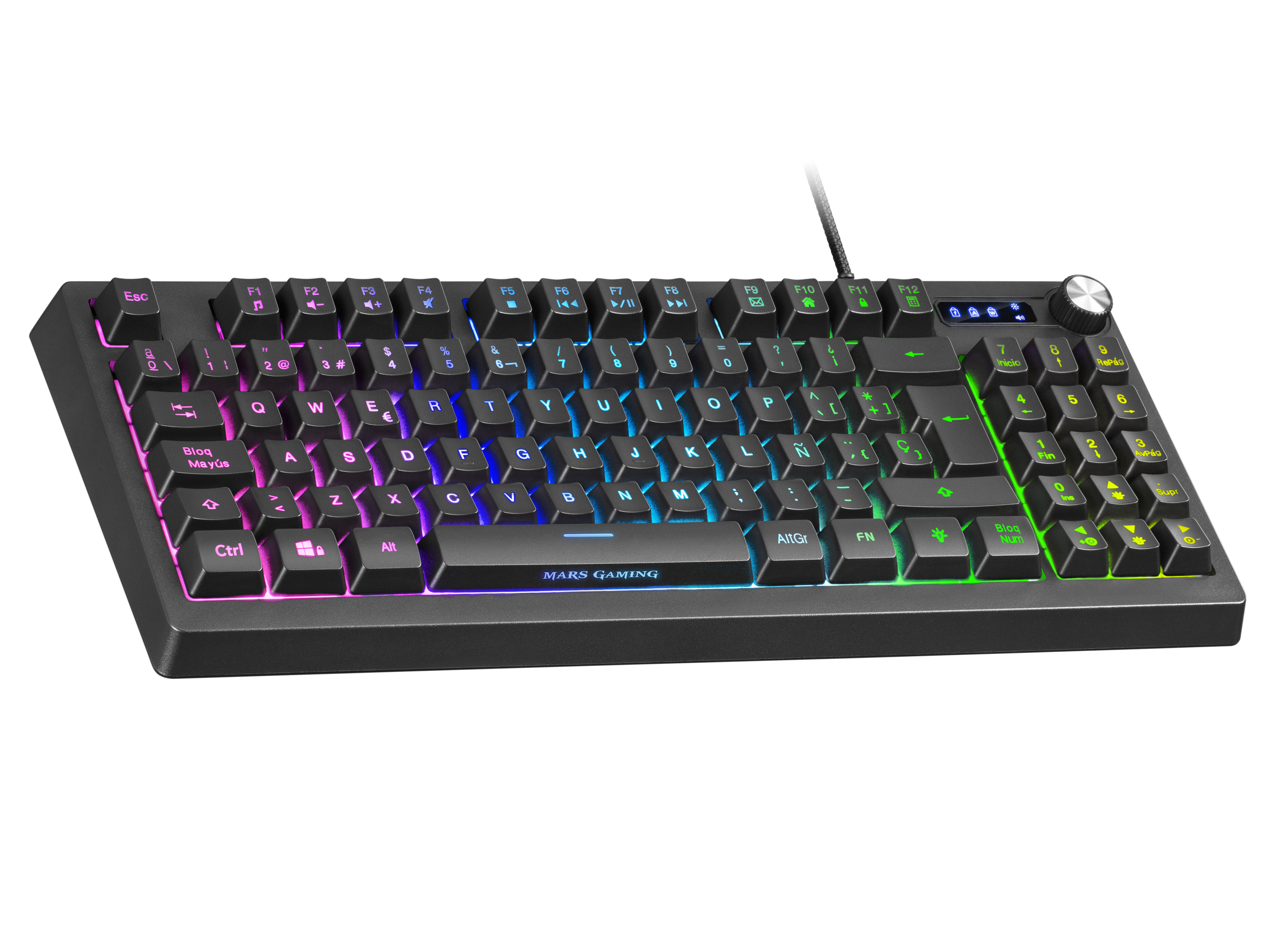 Tastiera gaming nera con tasti retroilluminati arcobaleno su sfondo bianco.