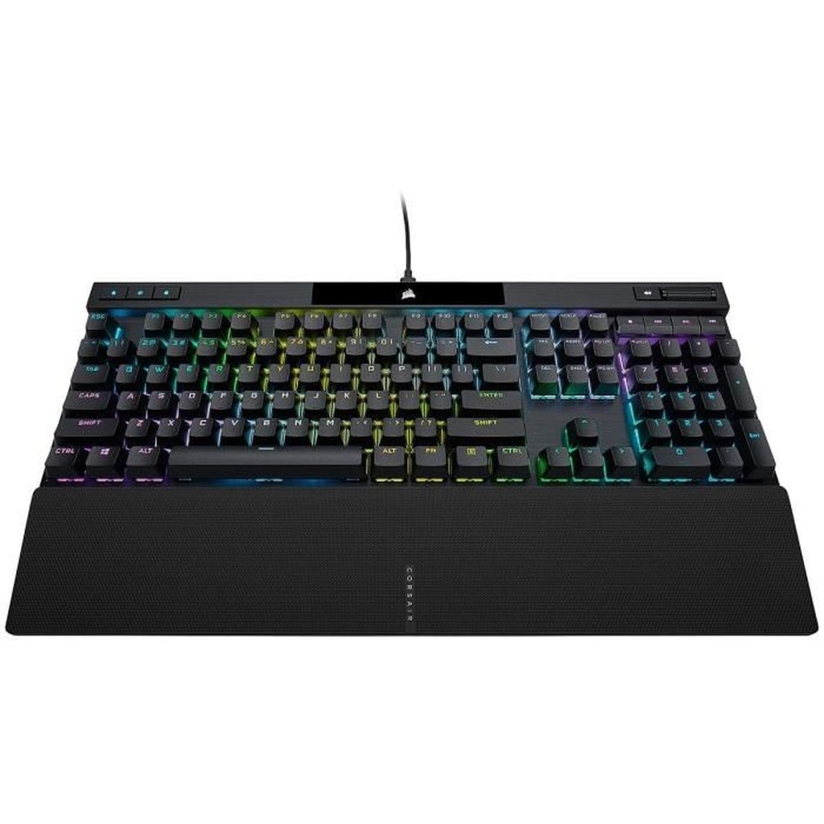Tastiera nera con tasti retroilluminati arcobaleno e poggiapolsi. Logo Corsair.