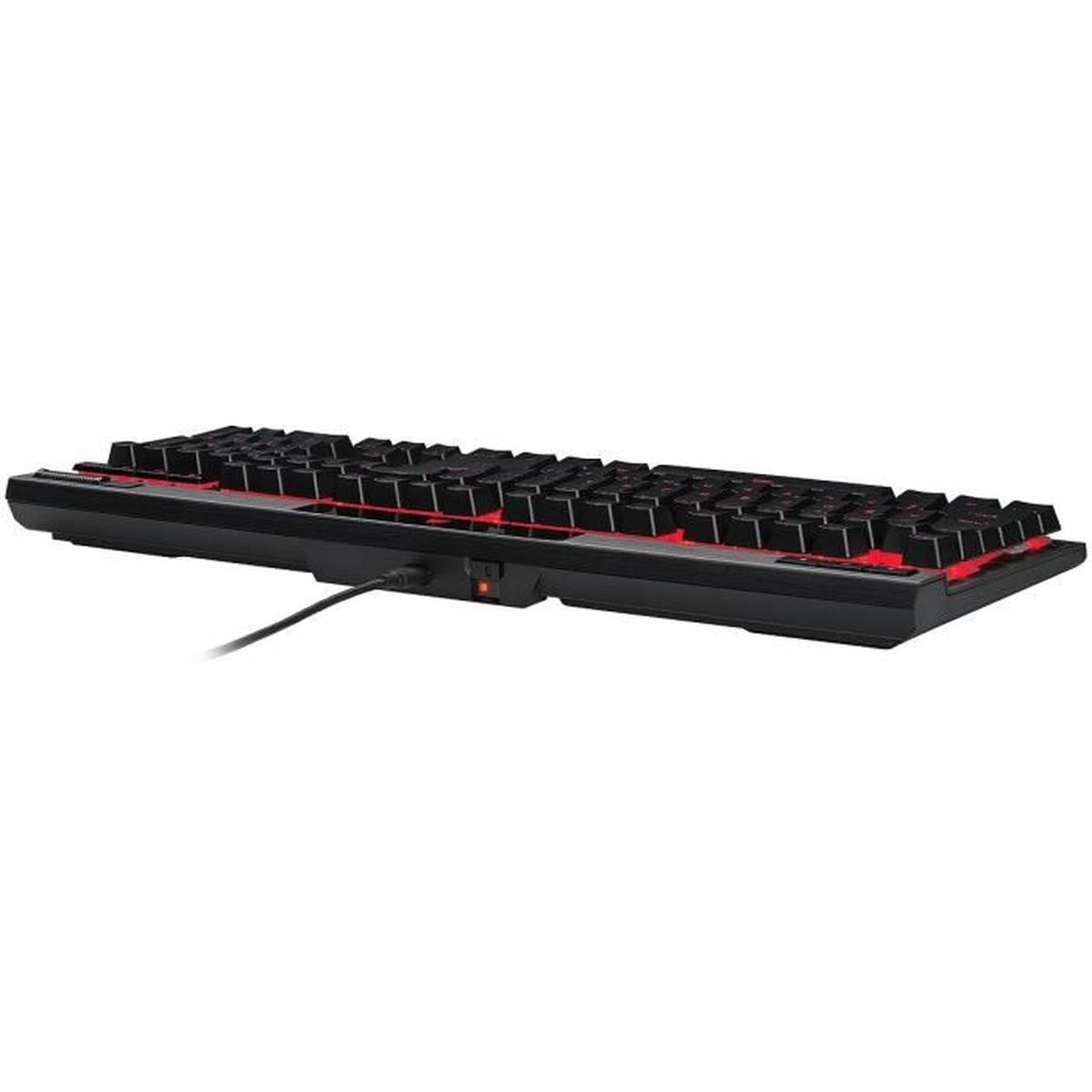 Tastiera gaming nera con tasti illuminati di rosso e connessione cablata.