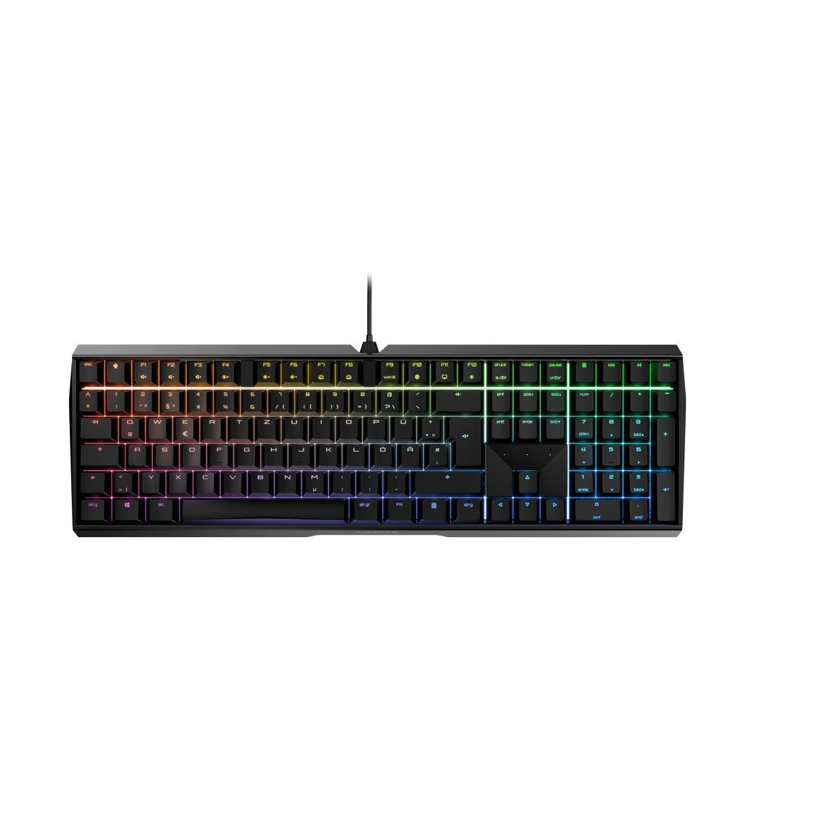 Black keyboard with rainbow-colored keys. The keys are lit up with a rainbow effect.