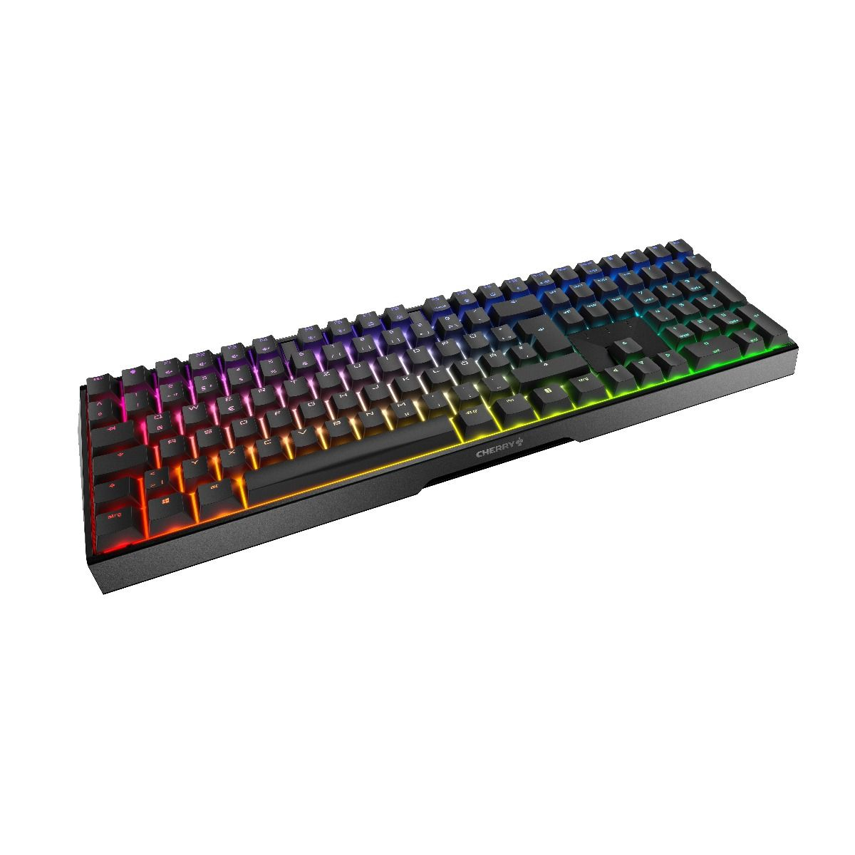 Black keyboard with RGB lighting. Lights up in multiple colors.
