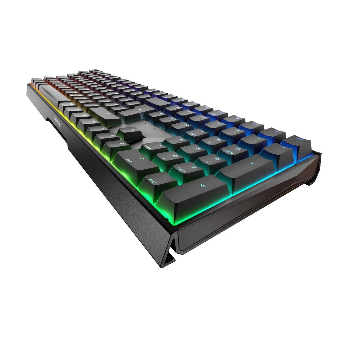 Black keyboard with multi-colored keys. Angled view on a white background.