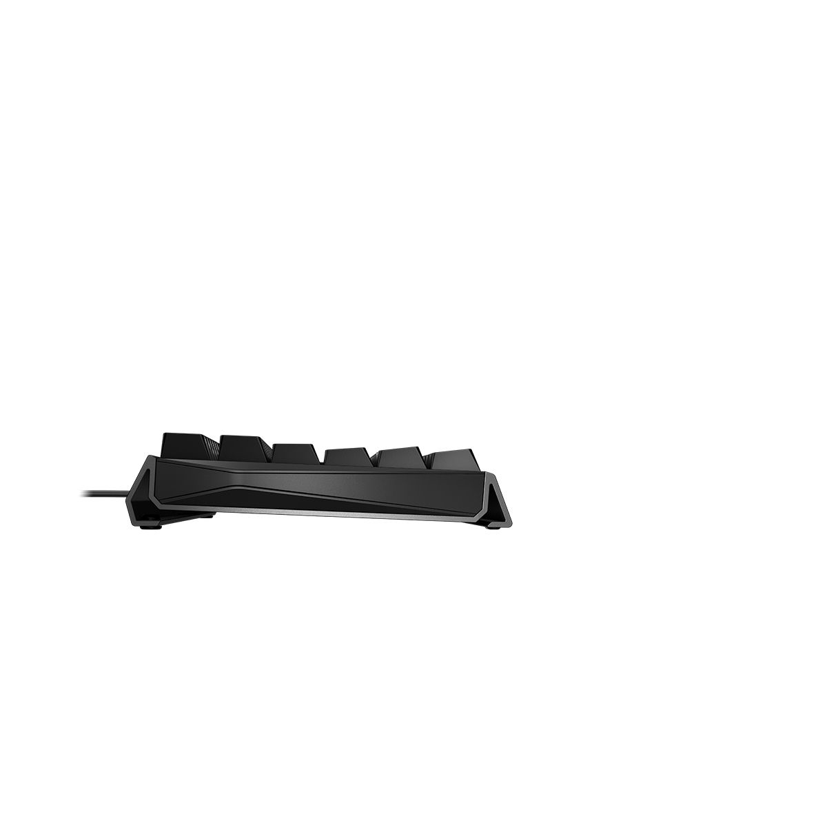 Black keyboard side view on white. The keyboard is angled upward. The cord is visible.