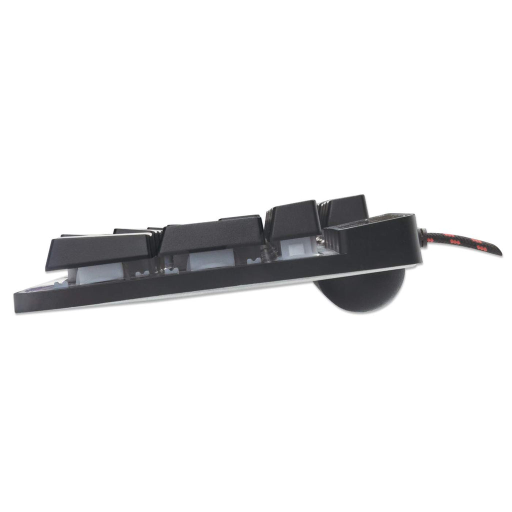 Widok z boku czarnej klawiatury. Widoczne klawisze i podłączony przewód.