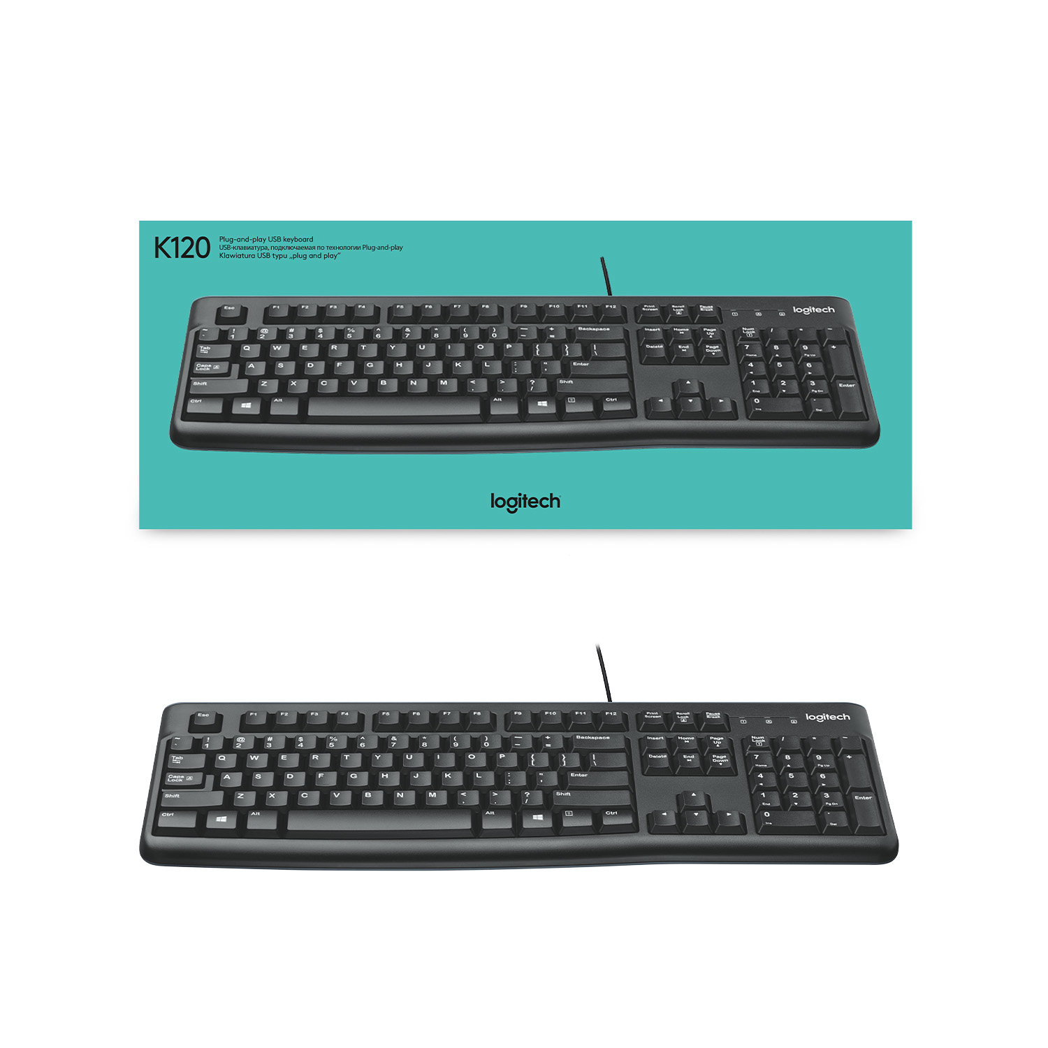 Klawiatura Logitech K120 w pudełku, na turkusowej powierzchni. Klawiatura jest widoczna.