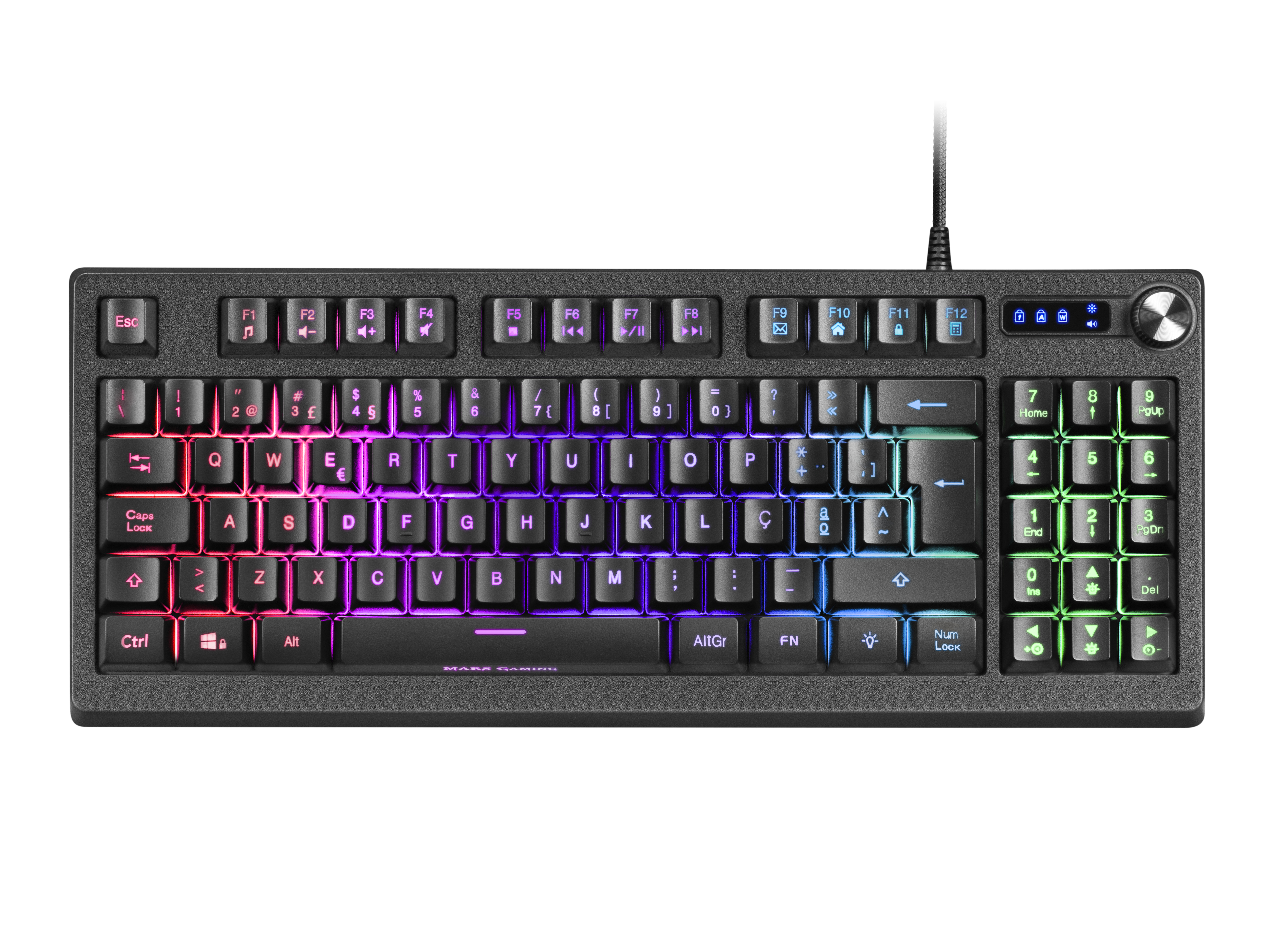 Tastiera gaming nera con illuminazione arcobaleno e tastierino numerico.