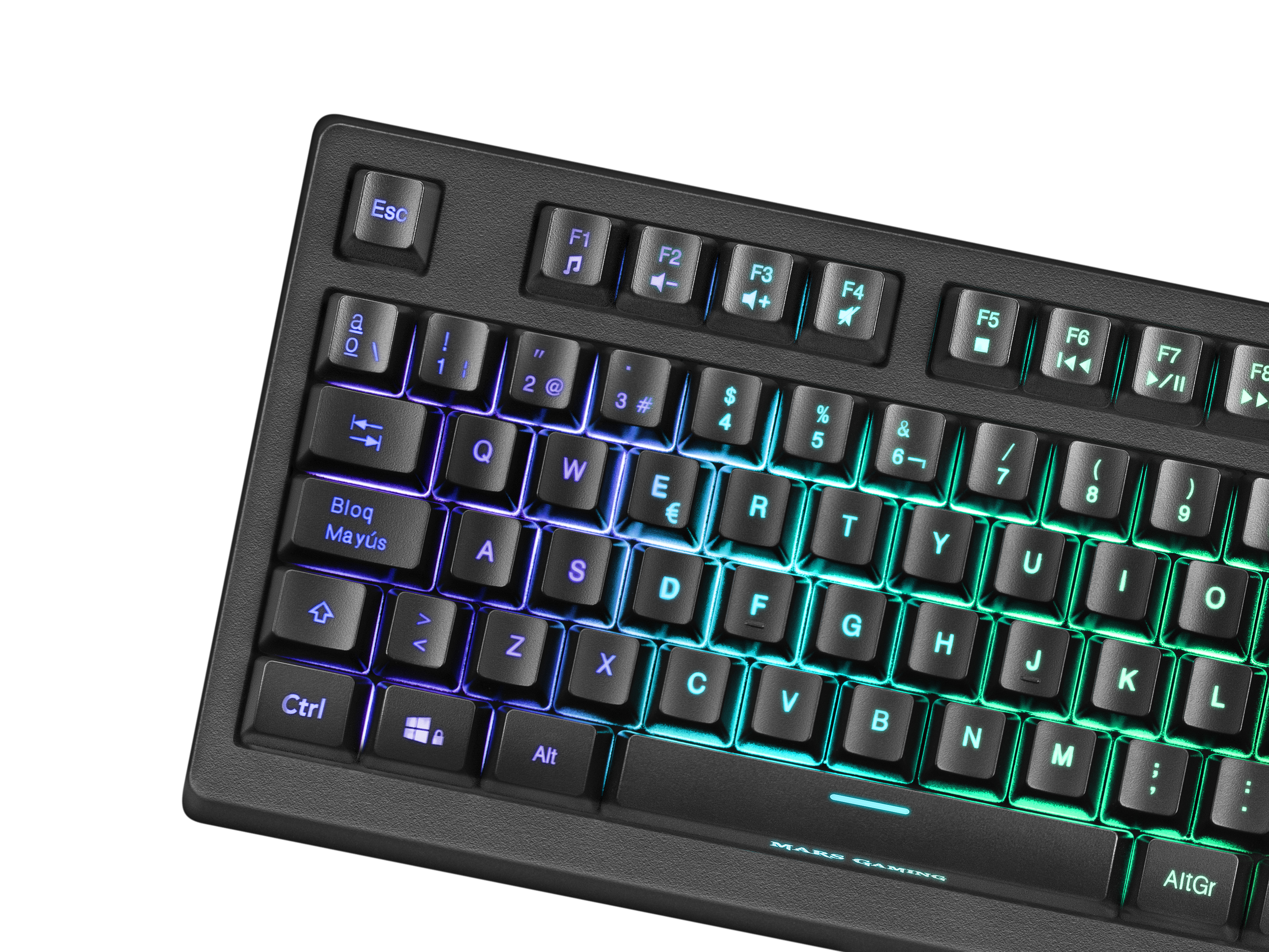 Primo piano di una tastiera nera con illuminazione arcobaleno sui tasti e logo Mars Gaming.