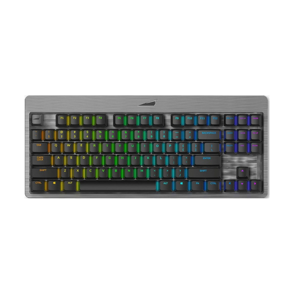 Tastiera argentata con tasti RGB. Design rettangolare con connessione cablata.