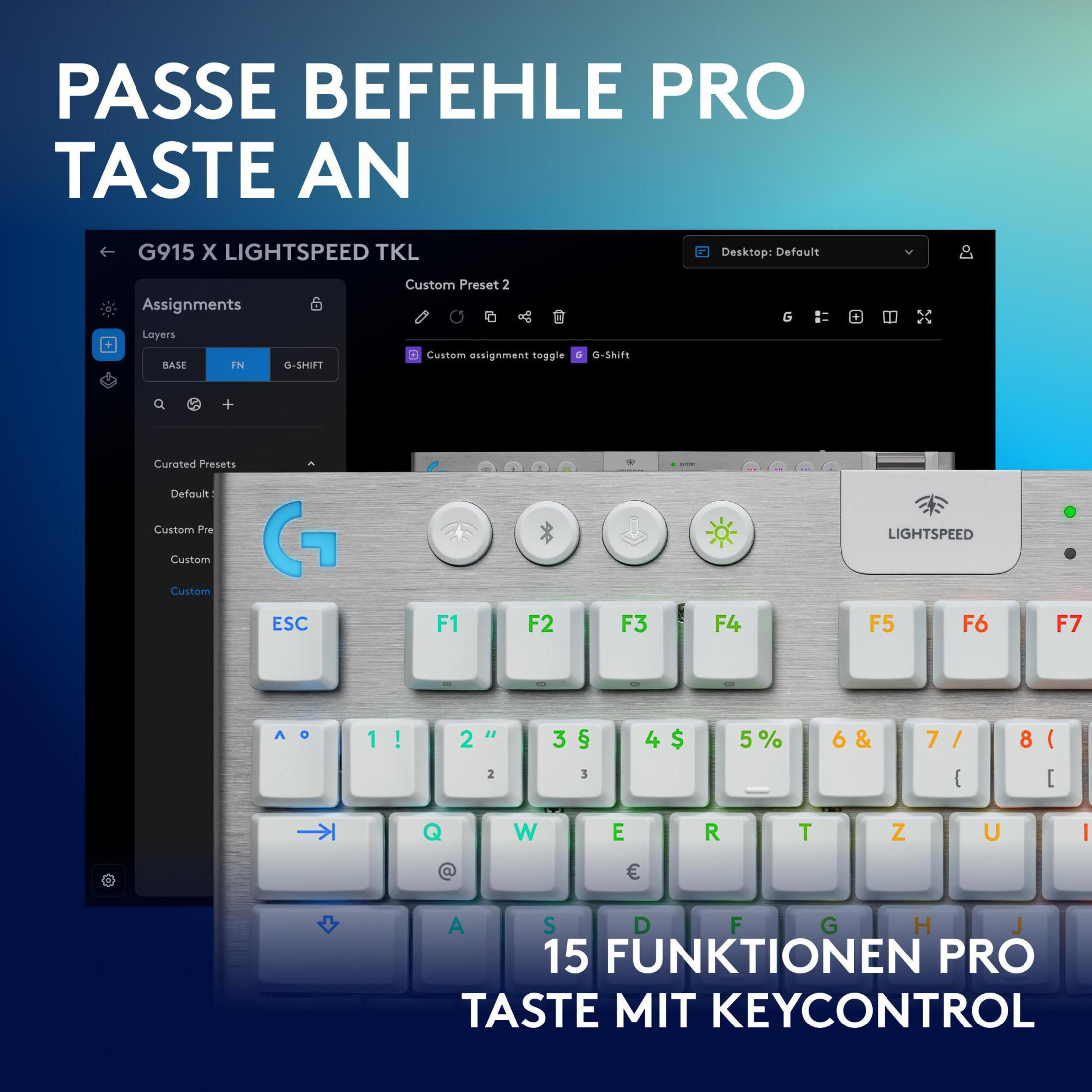 Zbliżenie klawiatury z klawiszami funkcyjnymi i wyświetlaczem z ustawieniami niestandardowymi. Kolor biały.