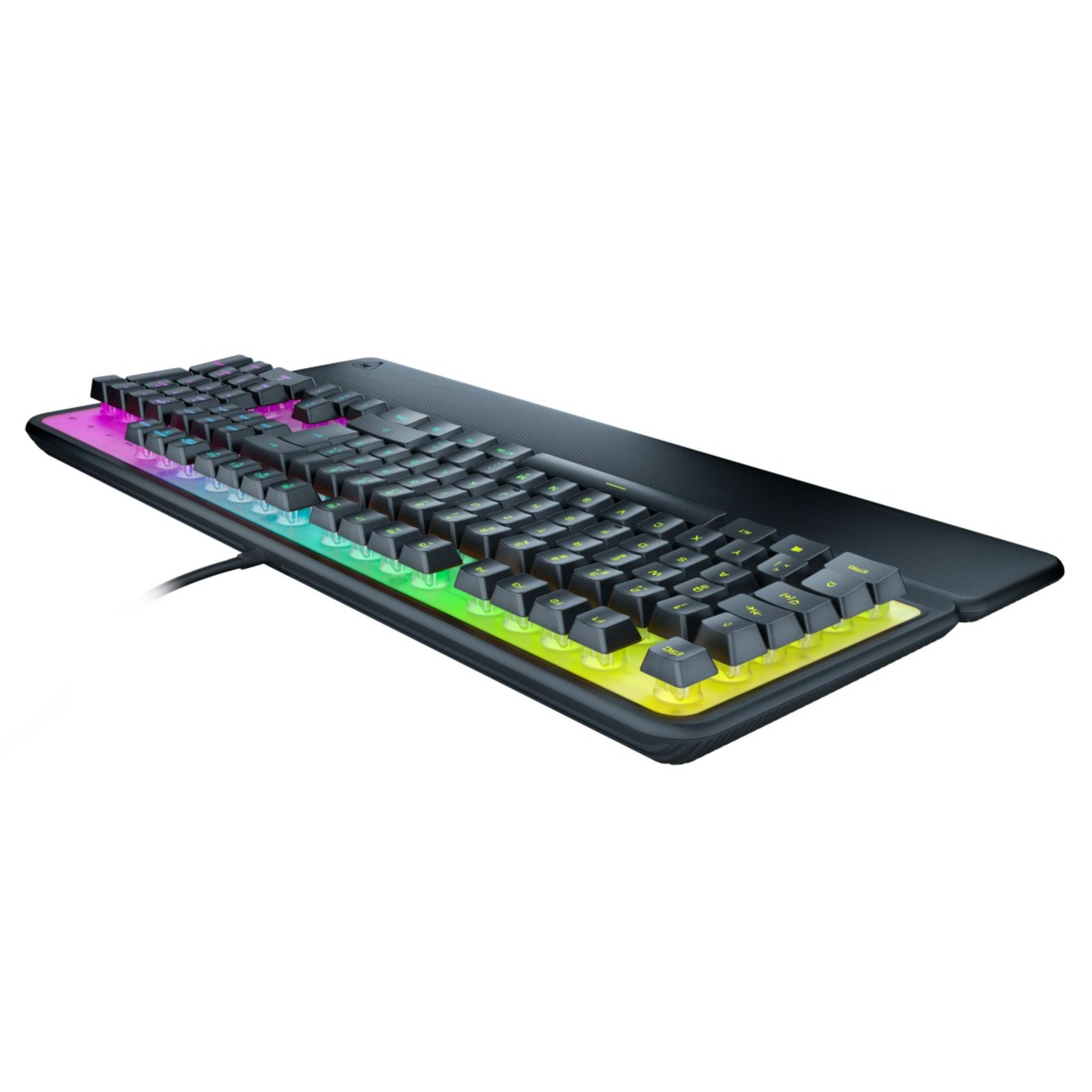 Tastiera gaming nera con illuminazione arcobaleno e design liscio.