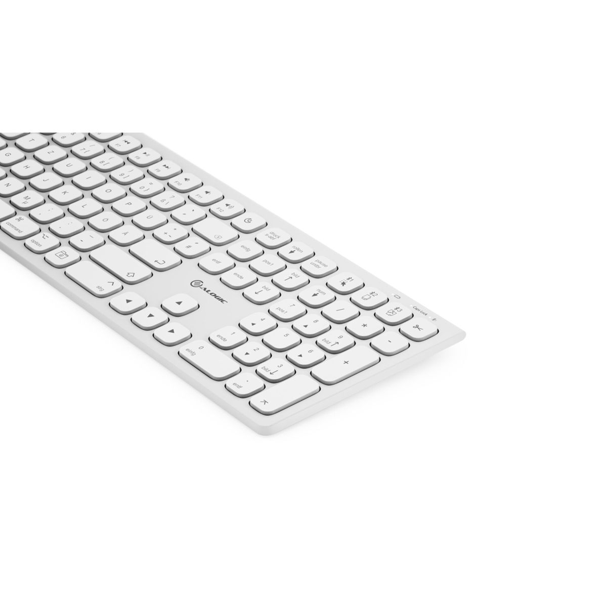 Weiße Tastatur auf weißem Hintergrund. Sie ist abgewinkelt. Die Tastatur ist rechts.