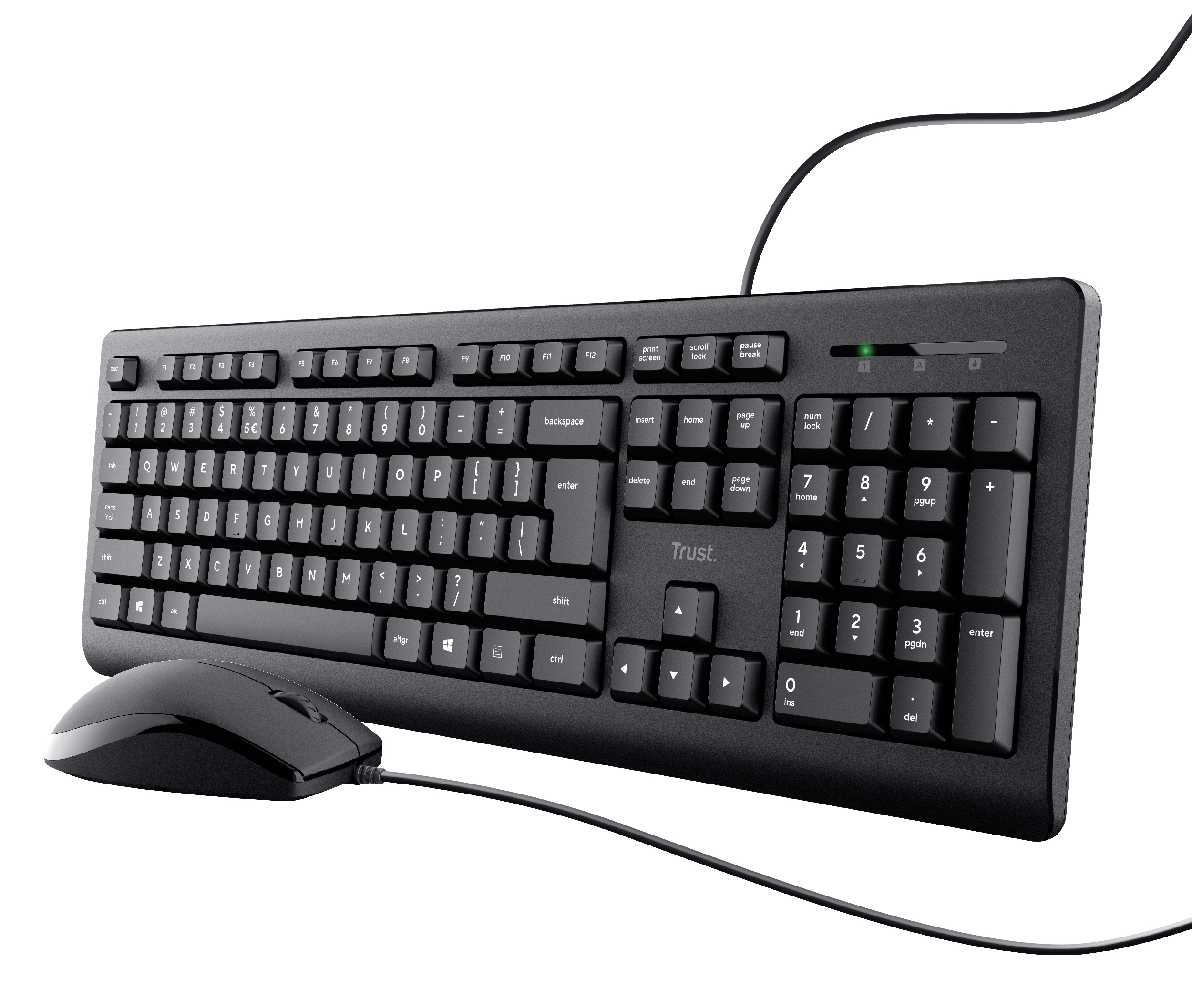Schwarze Tastatur mit schwarzer Maus, die über ein Kabel verbunden ist, auf weißem Hintergrund.