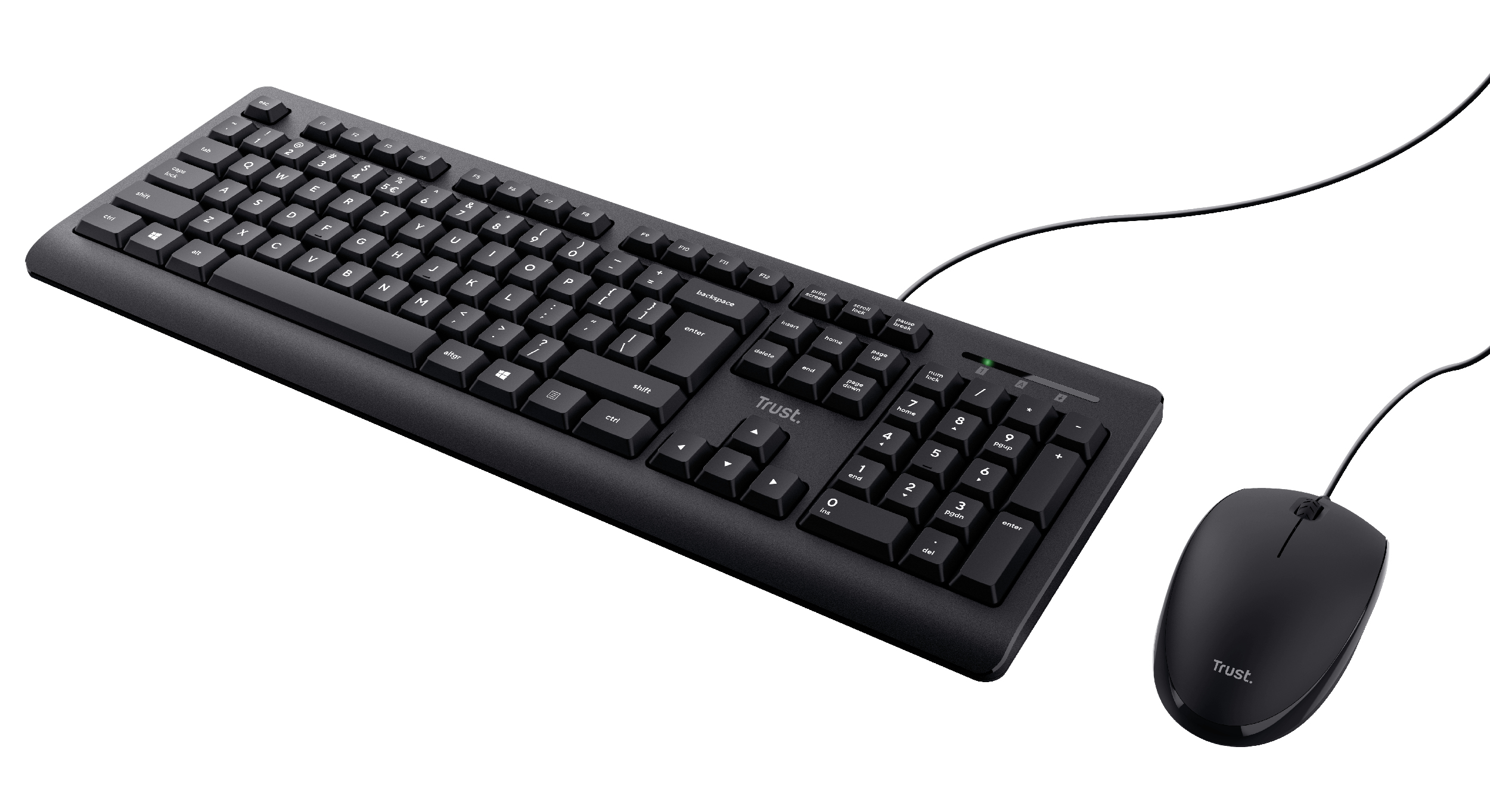 Schwarzes Tastatur- und Maus-Set. Die Tastatur ist kabelgebunden, die Maus vor weißem Hintergrund.