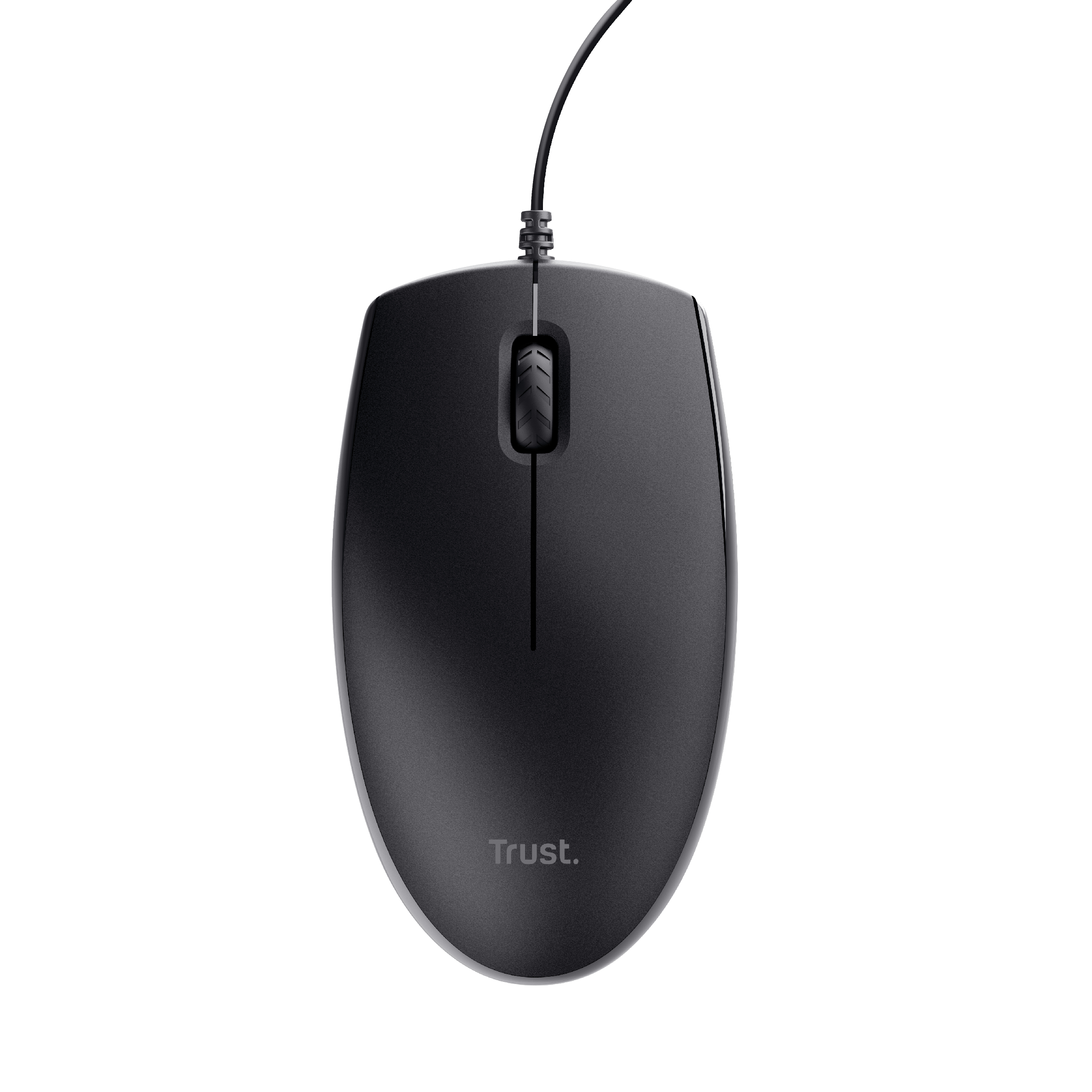 Schwarze Maus mit Kabelanschluss. Einfaches Design und die Marke Trust.