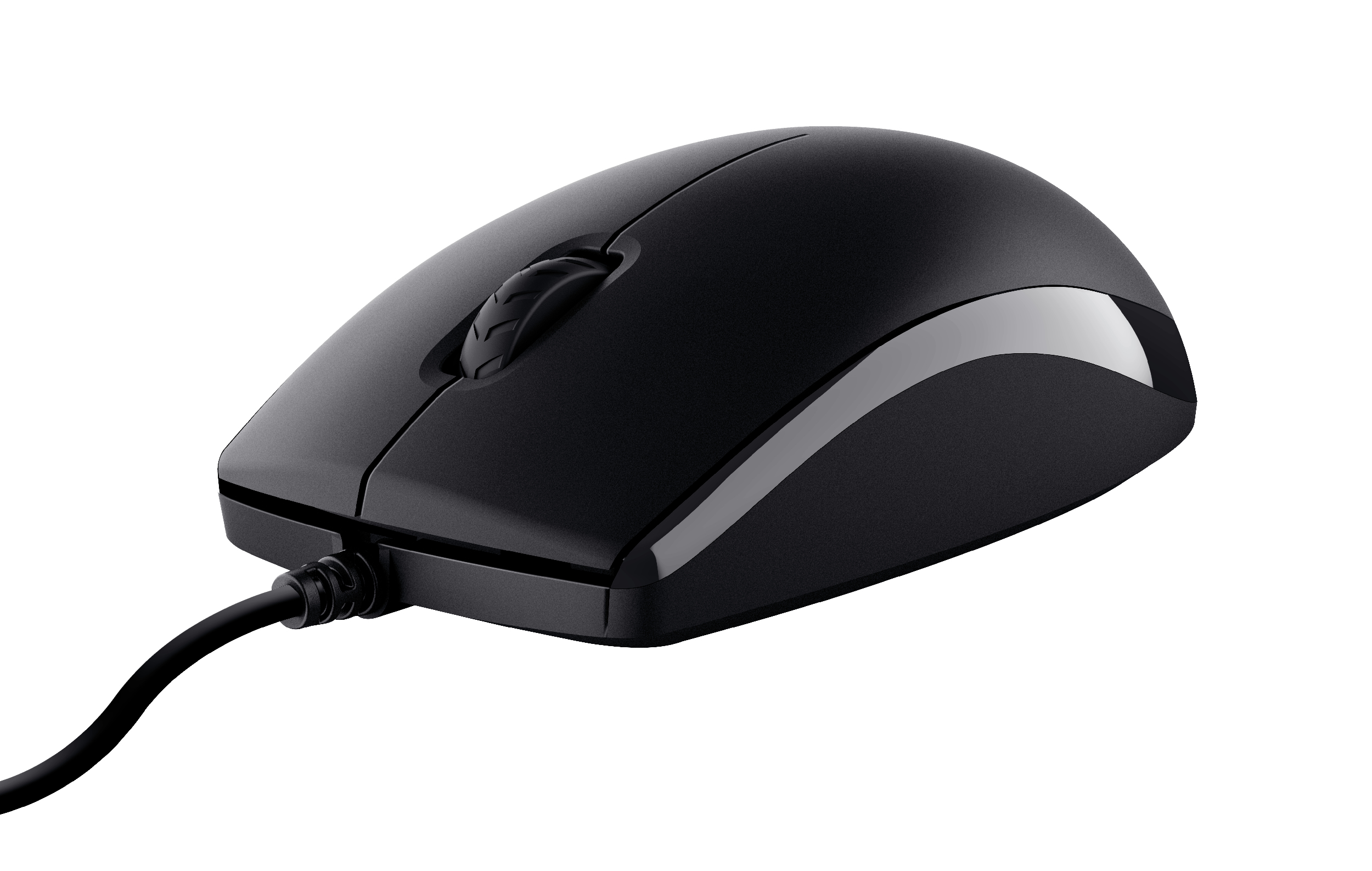 Eine schwarze Computermaus mit Scrollrad und Kabel auf weißem Hintergrund.