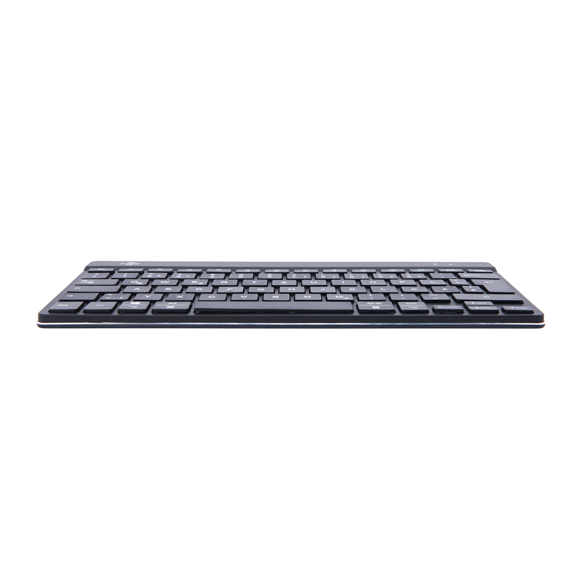 Schwarze Tastatur auf weißem Hintergrund. Sauberes, minimalistisches Design. Tasten sind schwarz.
