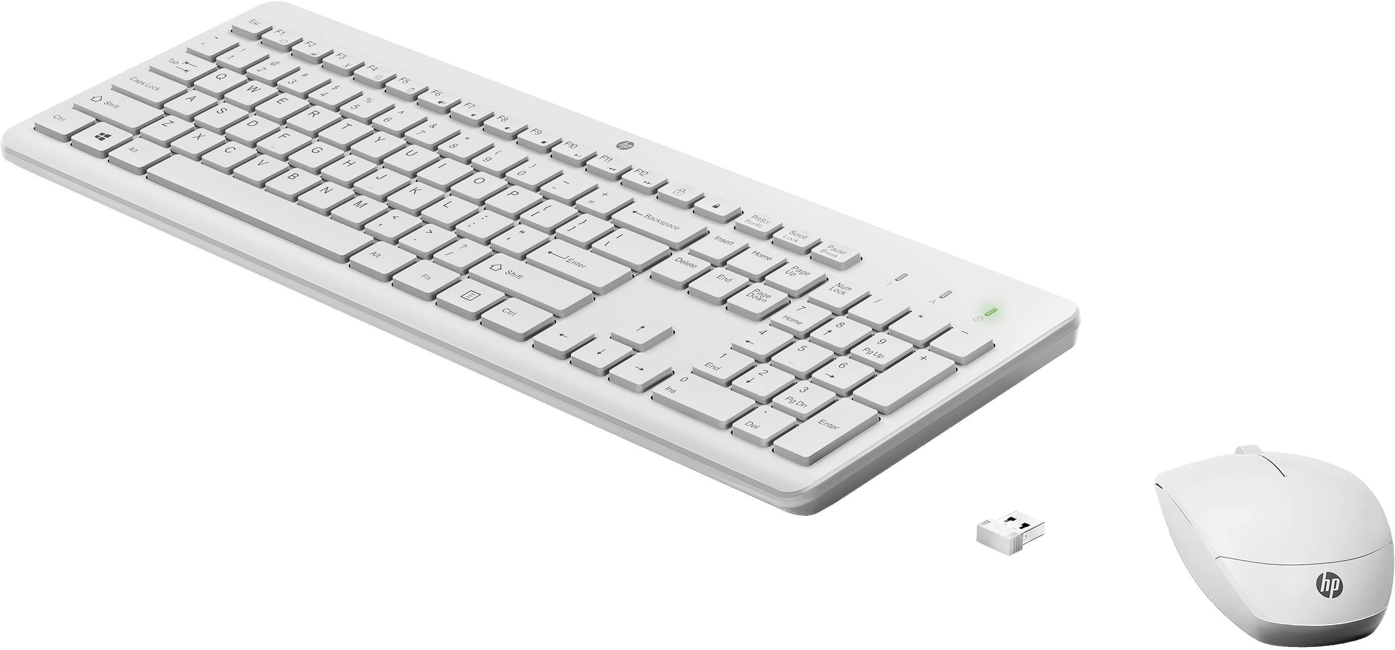 Biała klawiatura i mysz. Białe tło. Klawiatura bezprzewodowa z odbiornikiem USB.