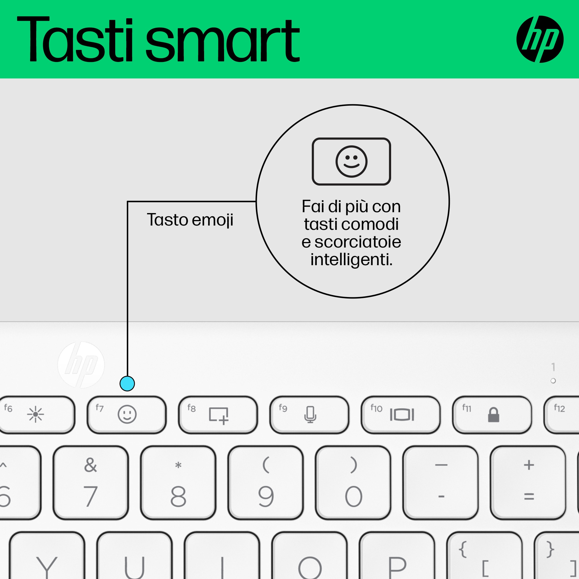 Primo piano di tastiera con tasti smart, incluso tasto emoji, e logo HP.
