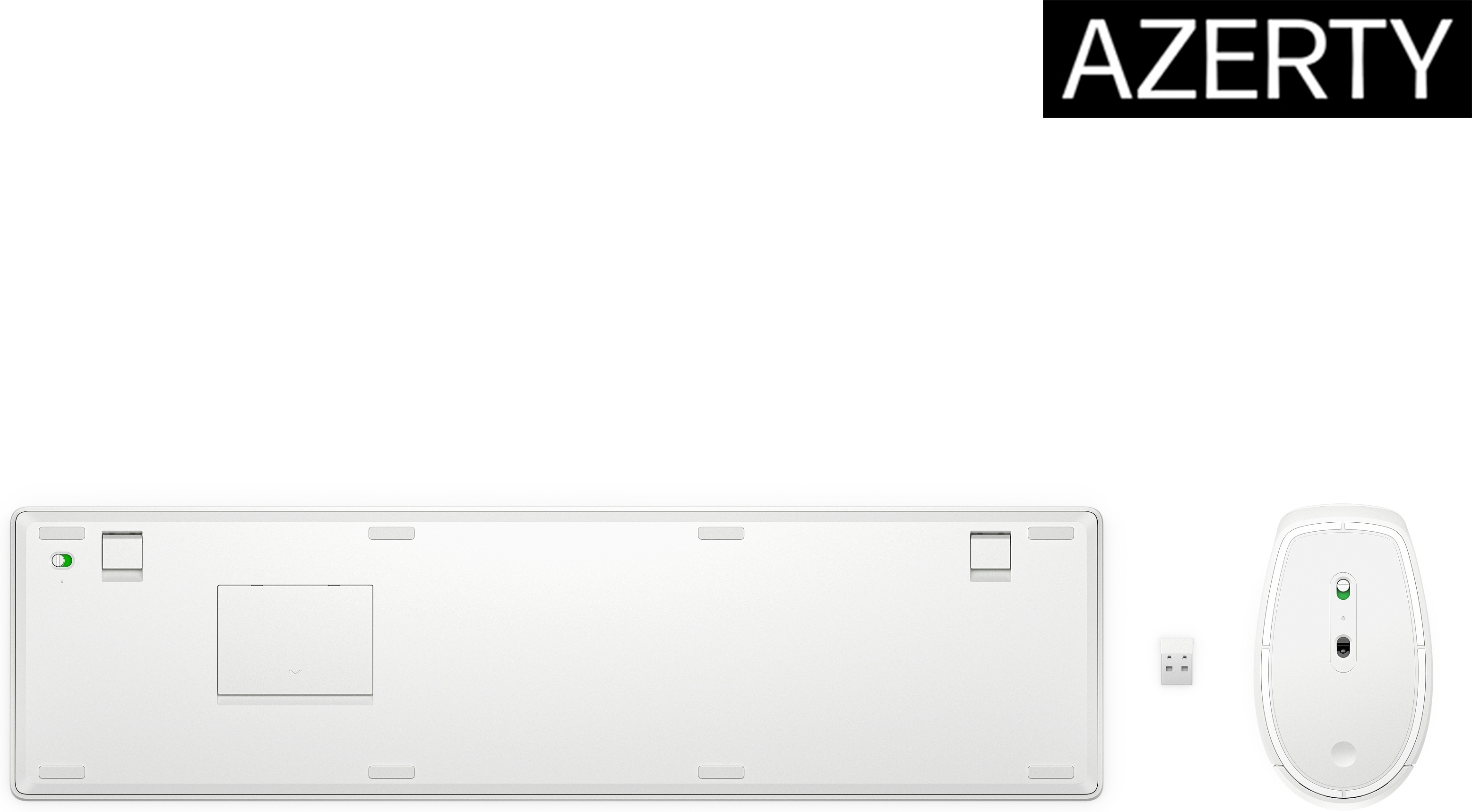 Tastiera, mouse e ricevitore bianchi su sfondo bianco, layout Azerty.