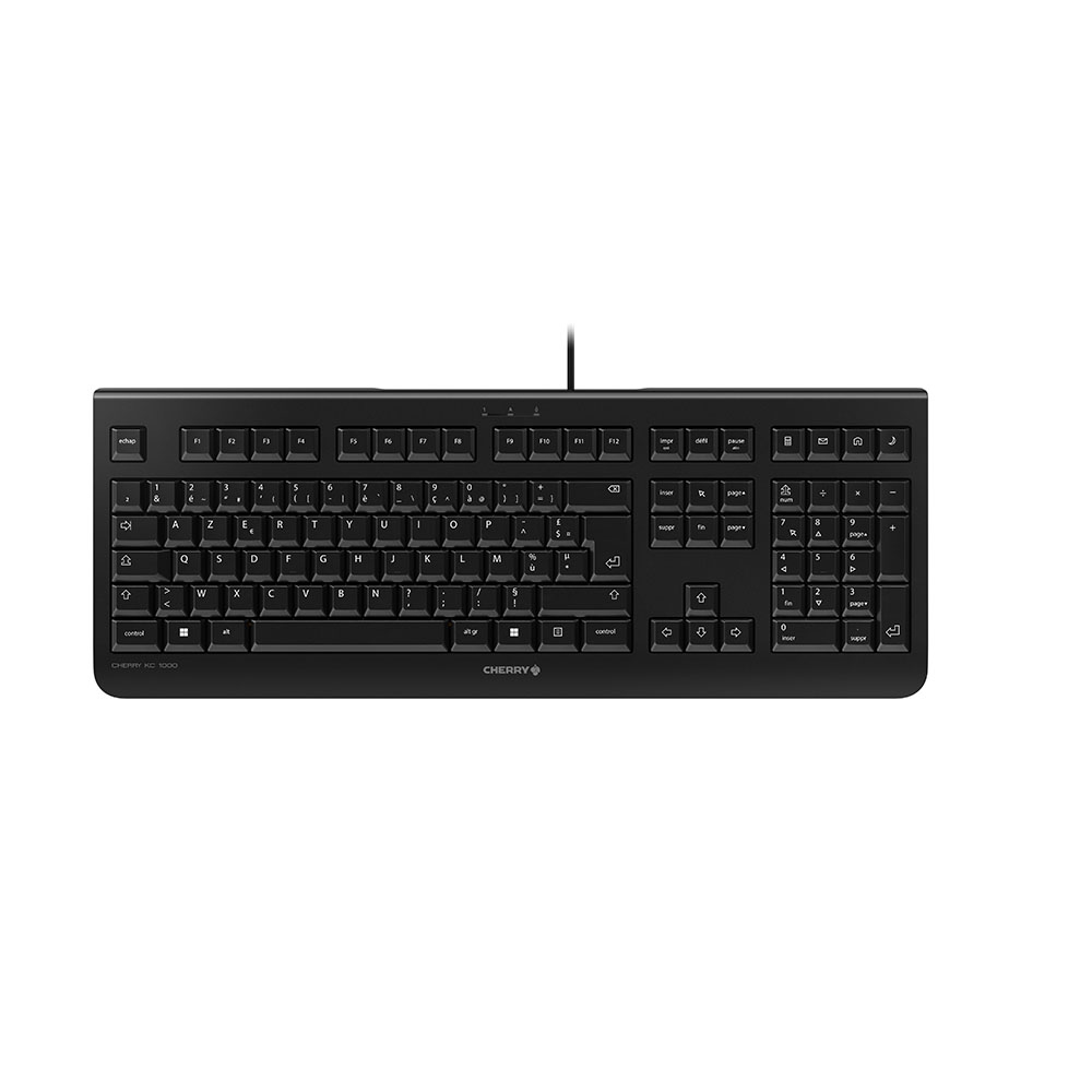 Black keyboard with standard layout, and a Cherry logo.