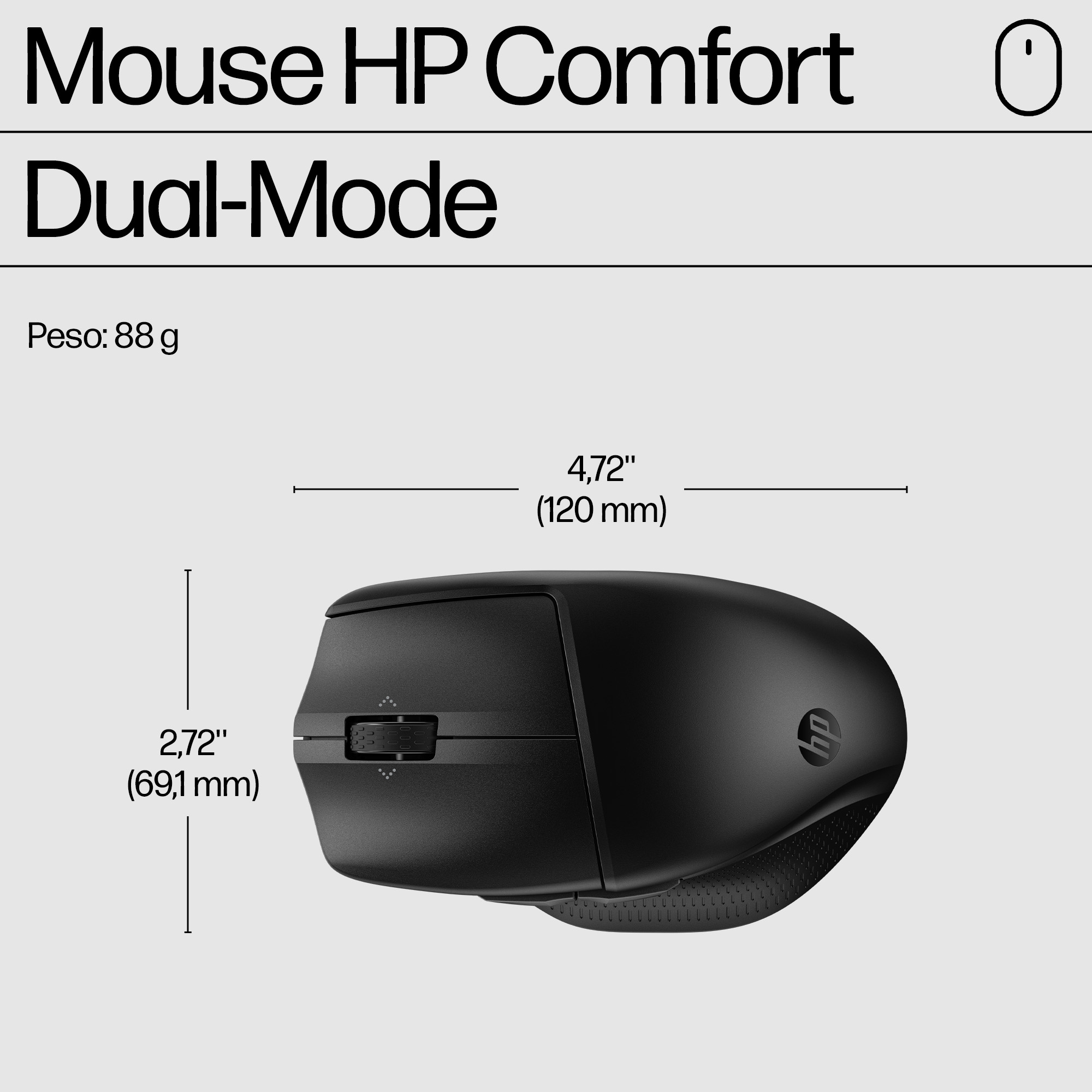 Primo piano di un mouse nero con funzionalità dual-mode. Vengono mostrate le dimensioni e il logo HP.