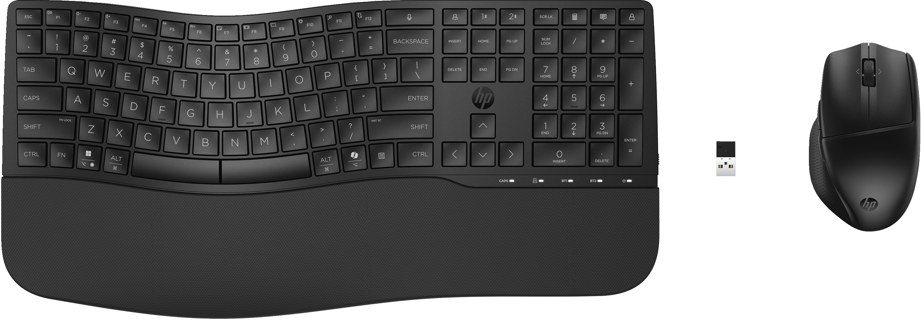 Combo tastiera e mouse ergonomici neri, wireless, su sfondo bianco.