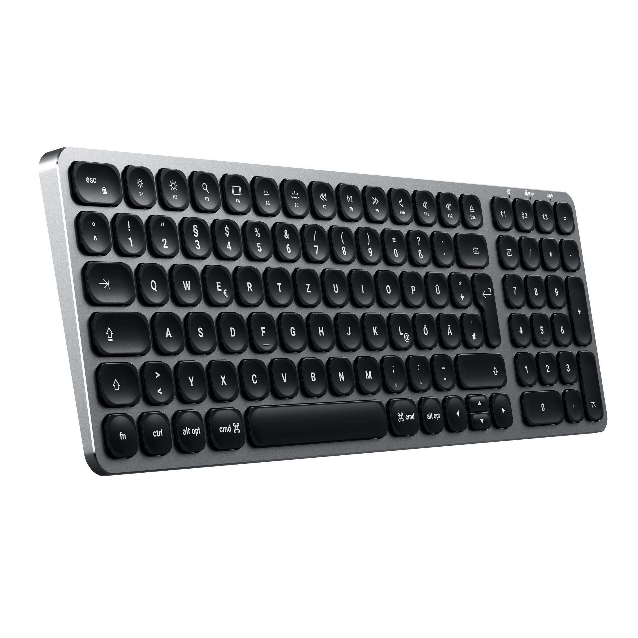 Silberne und schwarze Tastatur. Sie hat schwarze Tasten und einen silbernen Rahmen.