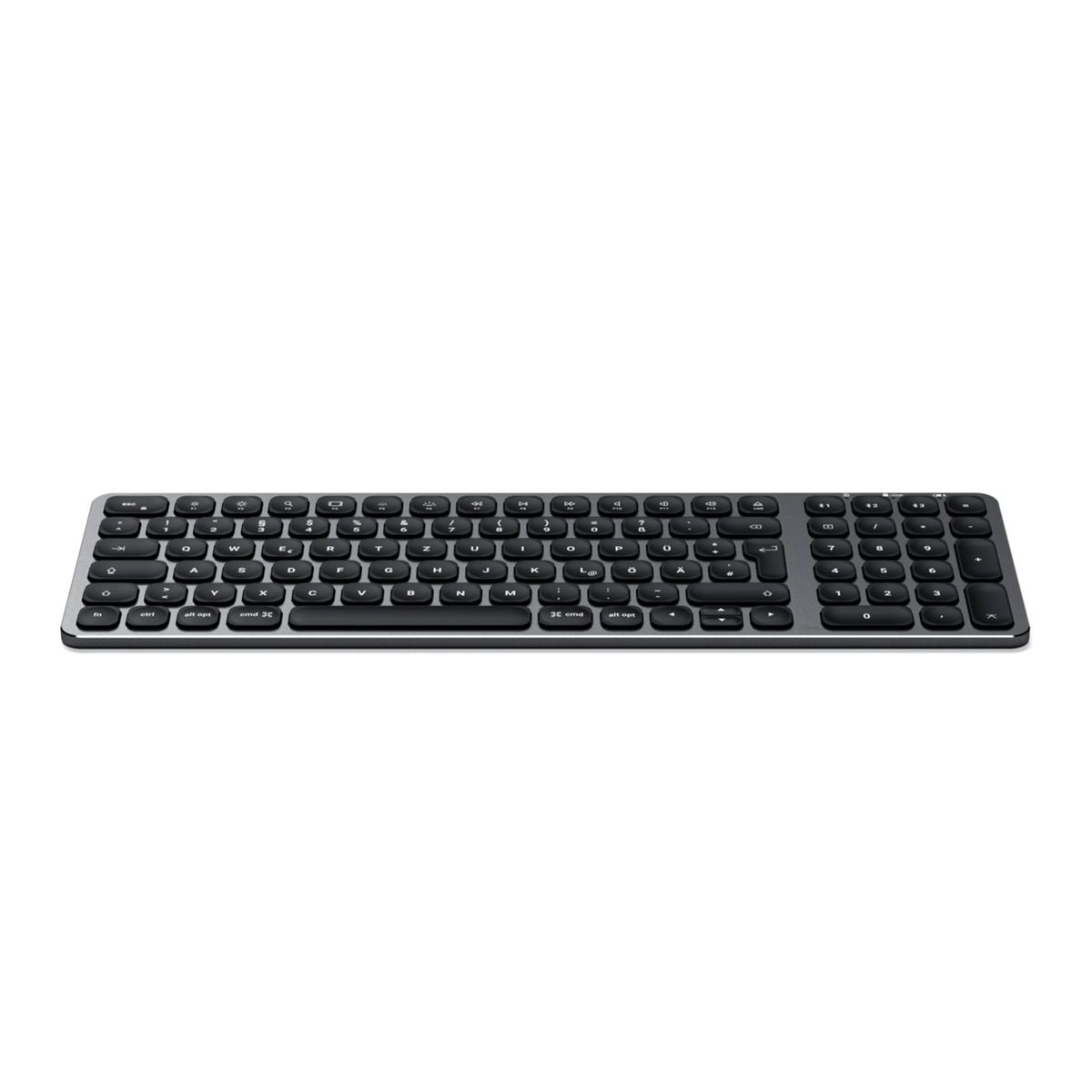 Silberne Tastatur mit schwarzen Tasten. Von oben betrachtet.