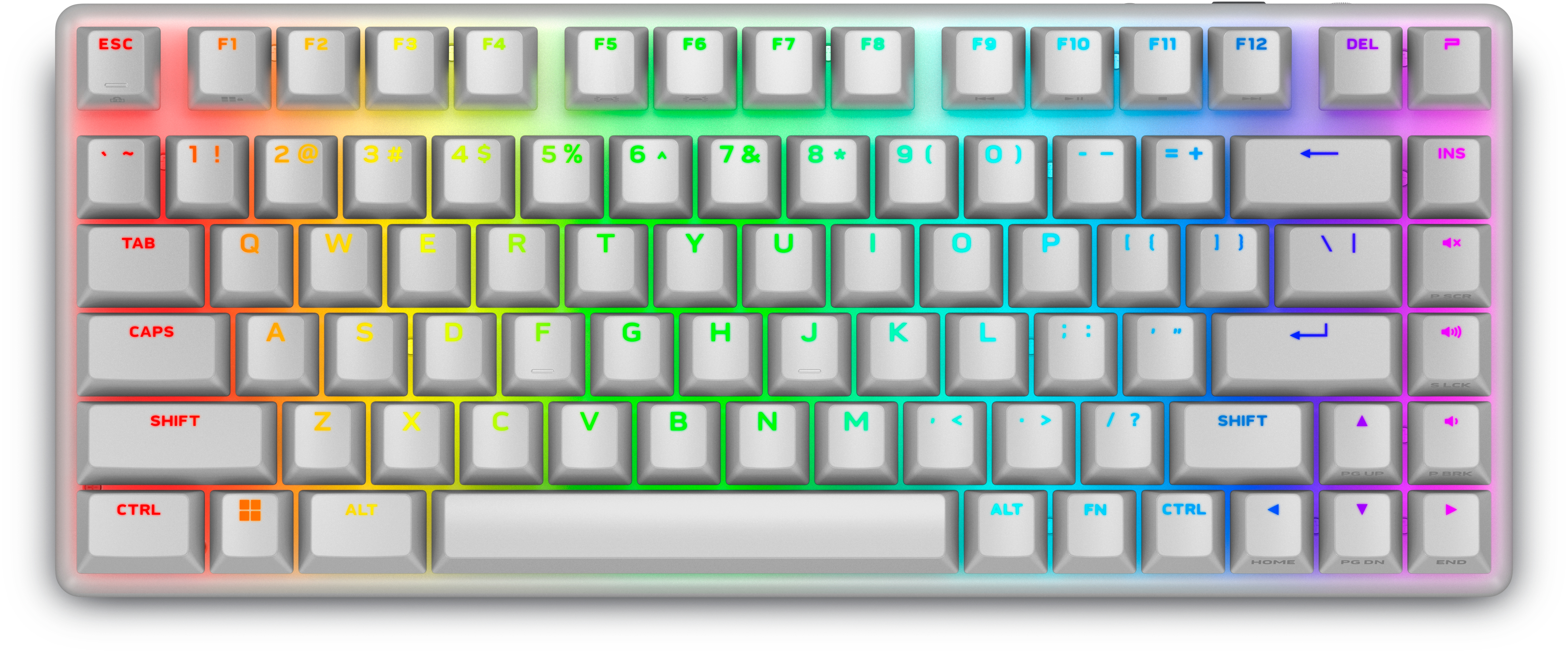 Biała klawiatura z tęczowymi klawiszami. Układ to standardowy QWERTY z klawiszami funkcyjnymi i kontrolnymi.