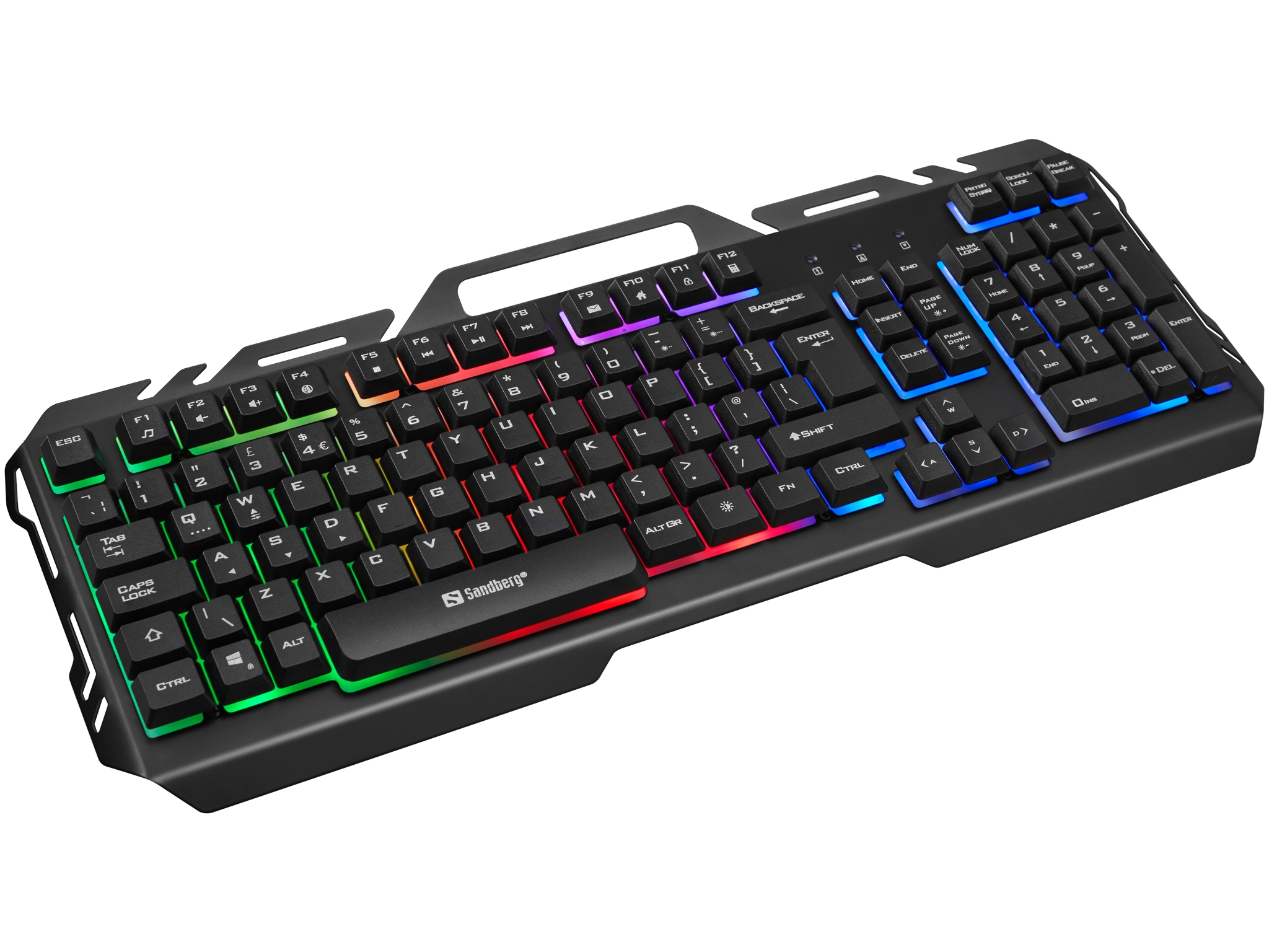 Vista completa de un teclado negro con luces LED de colores sobre fondo blanco.