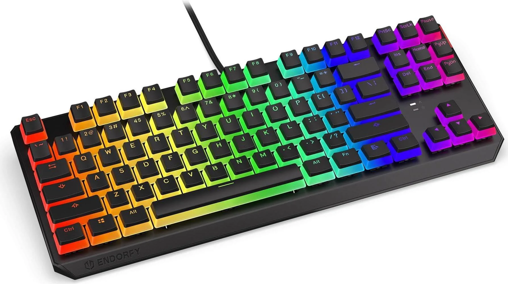 Tastiera nera con tasti arcobaleno. I tasti sono illuminati con vari colori. Sfondo nero.