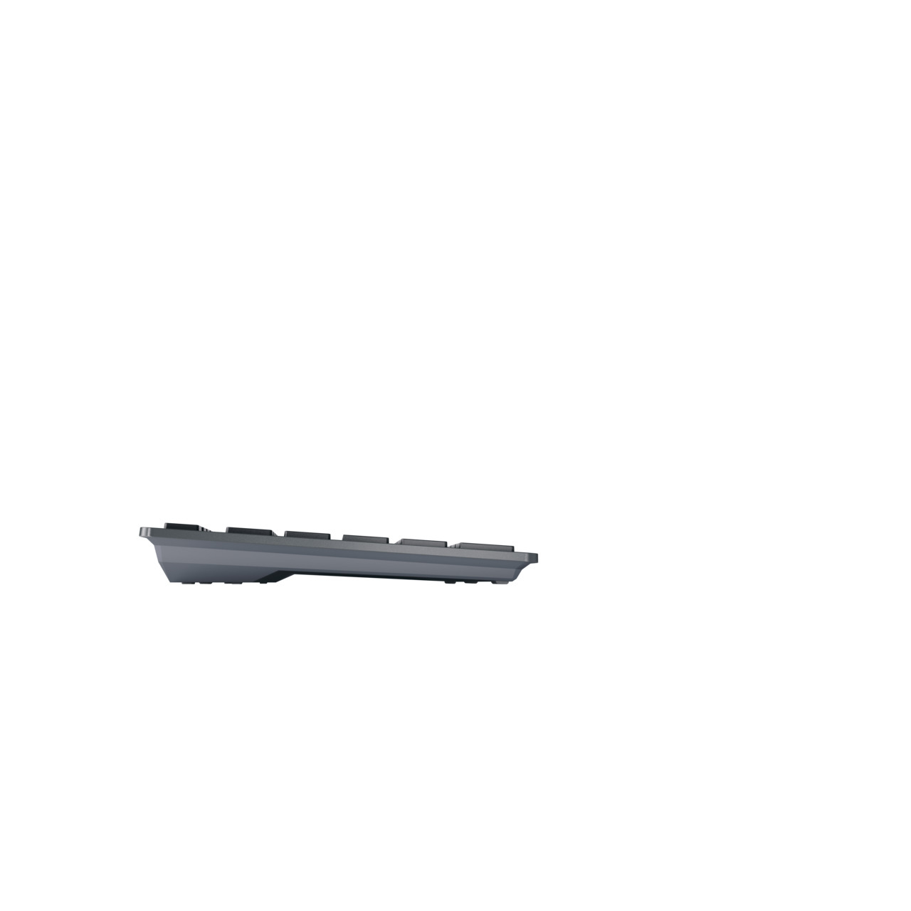 A side view of a flat gray keyboard.