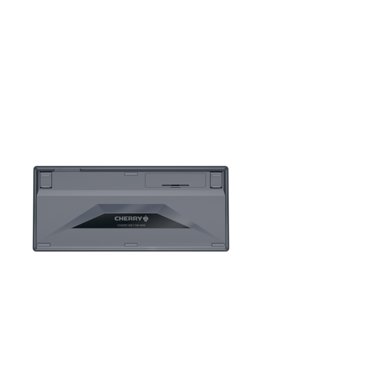The underside of a gray keyboard with the Cherry brand name.