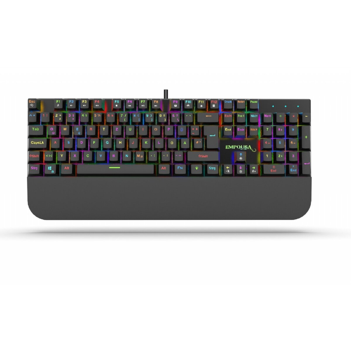 Tastiera RGB con poggiapolsi. Tastiera nera con tasti colorati su sfondo bianco.