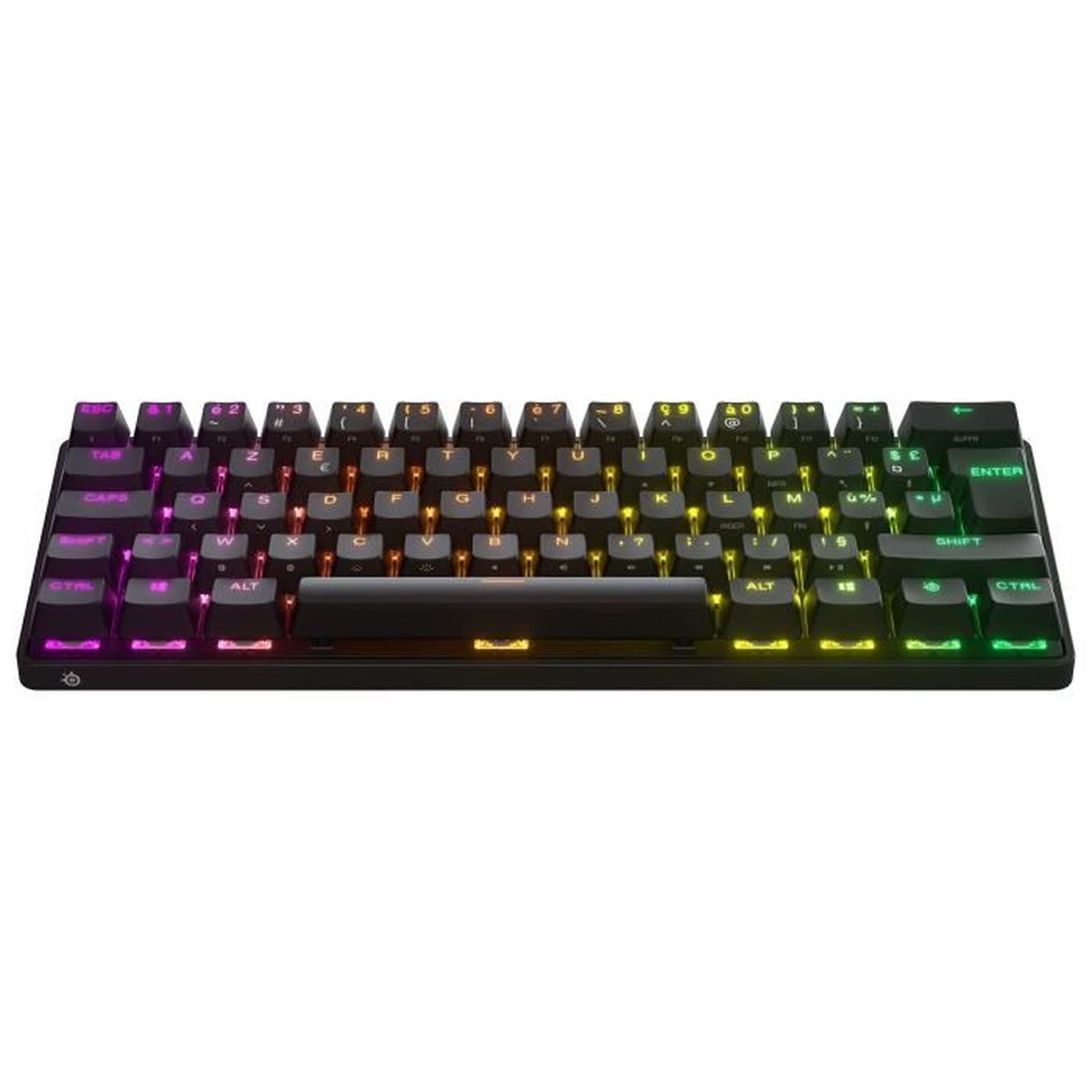 Czarna, kompaktowa klawiatura z podświetleniem RGB. Klawisze są czarne z białymi literami.