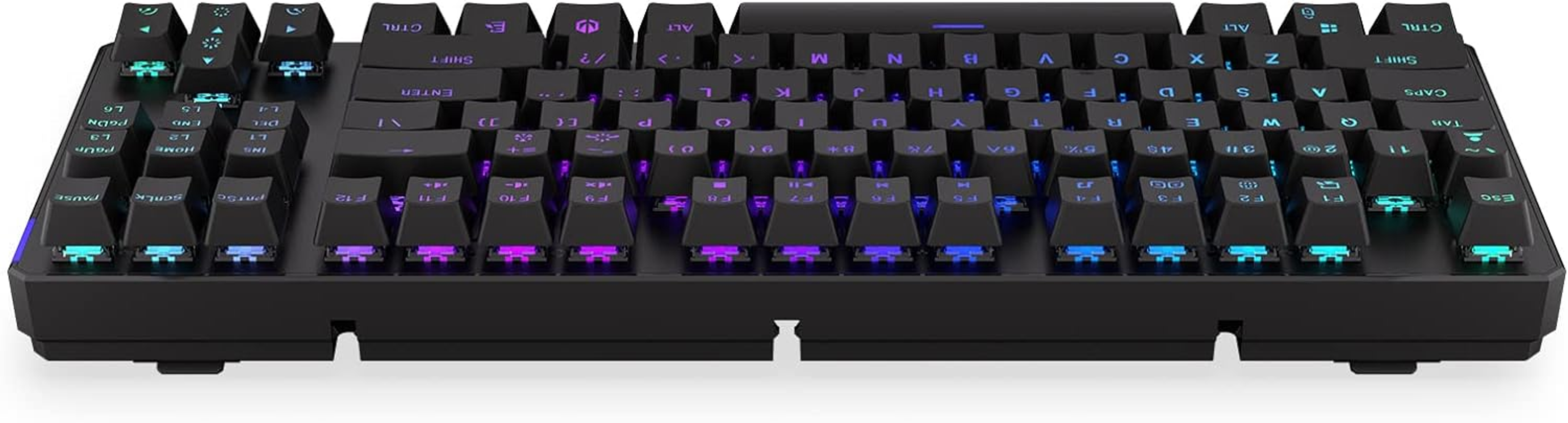 Czarna klawiatura mechaniczna z podświetleniem RGB. Widoczne litery. Podświetlane klawisze.