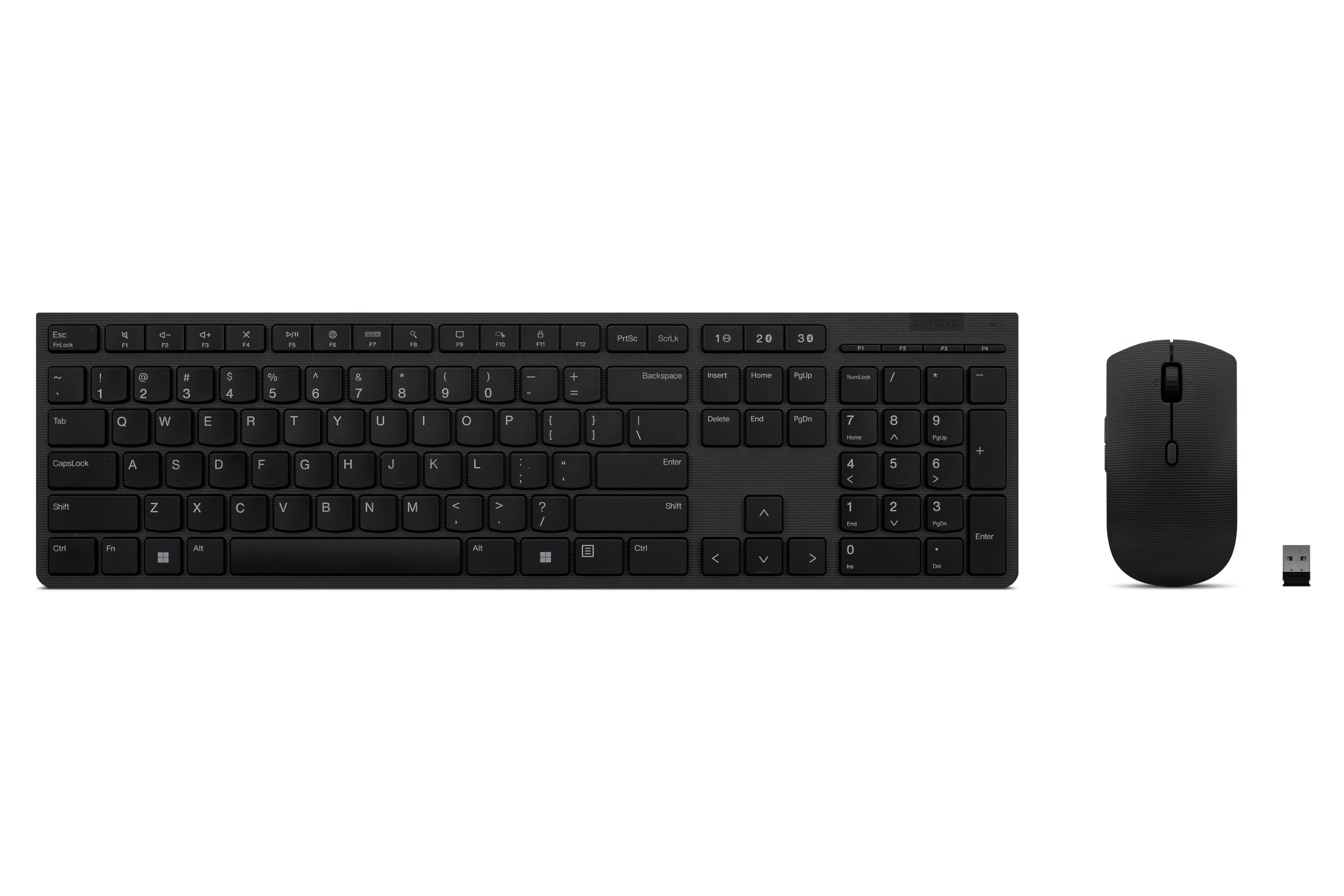 Combo tastiera e mouse neri con ricevitore USB, isolato su sfondo bianco.