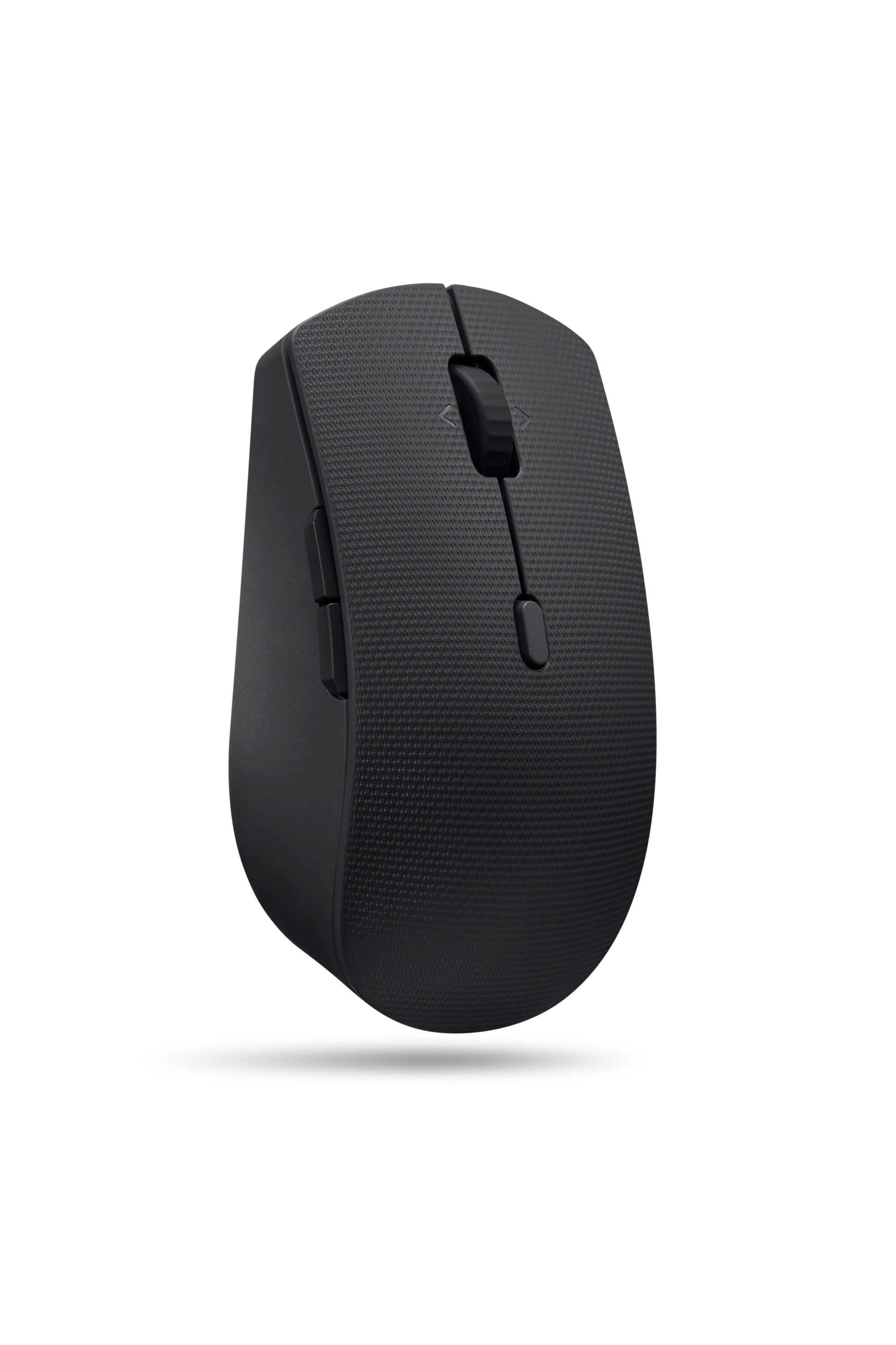 Mouse wireless nero con rotella e pulsanti, su sfondo bianco.
